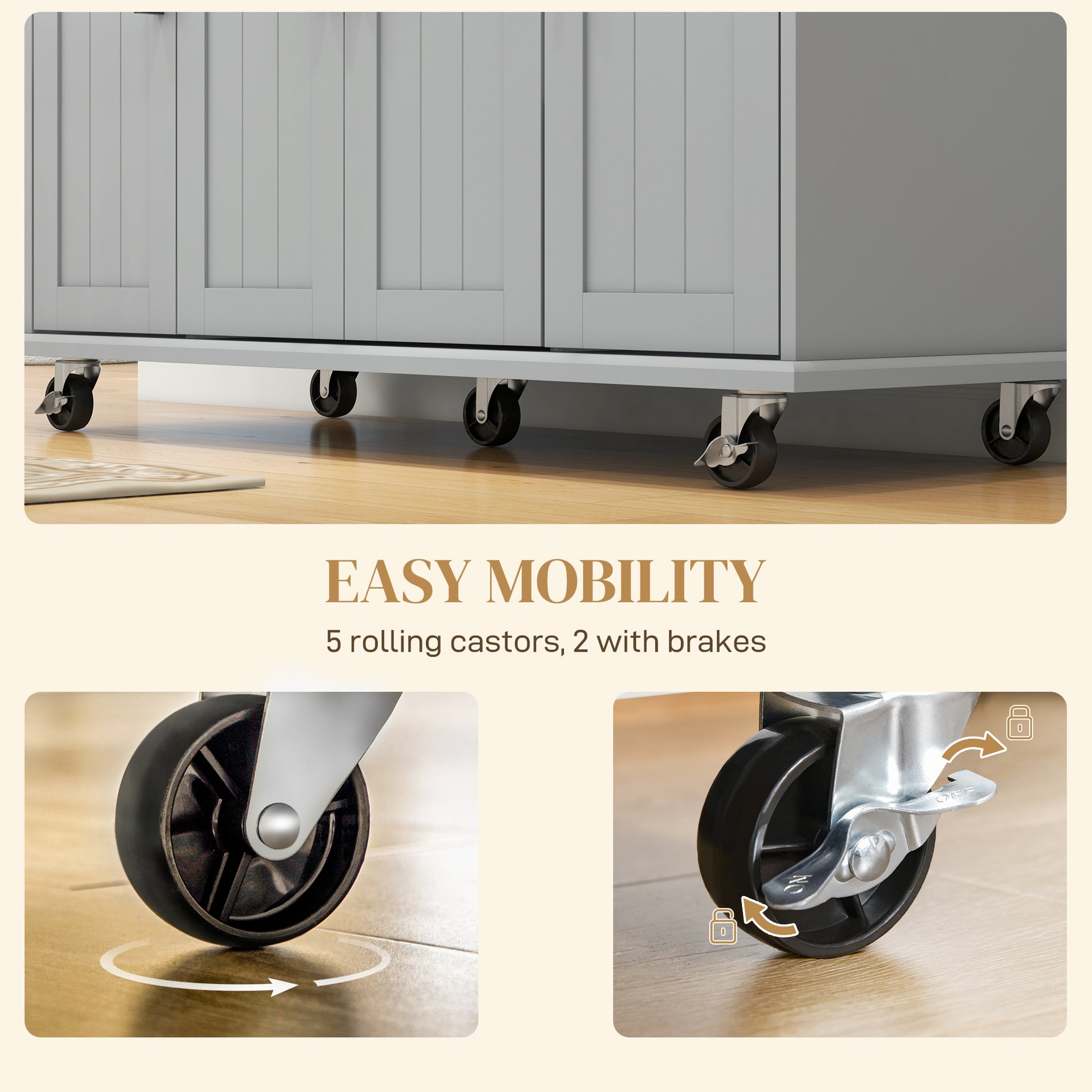 Modern Rolling Kitchen Island Cart - Grey Rubber Wood Top 52" W-DECOROLALA