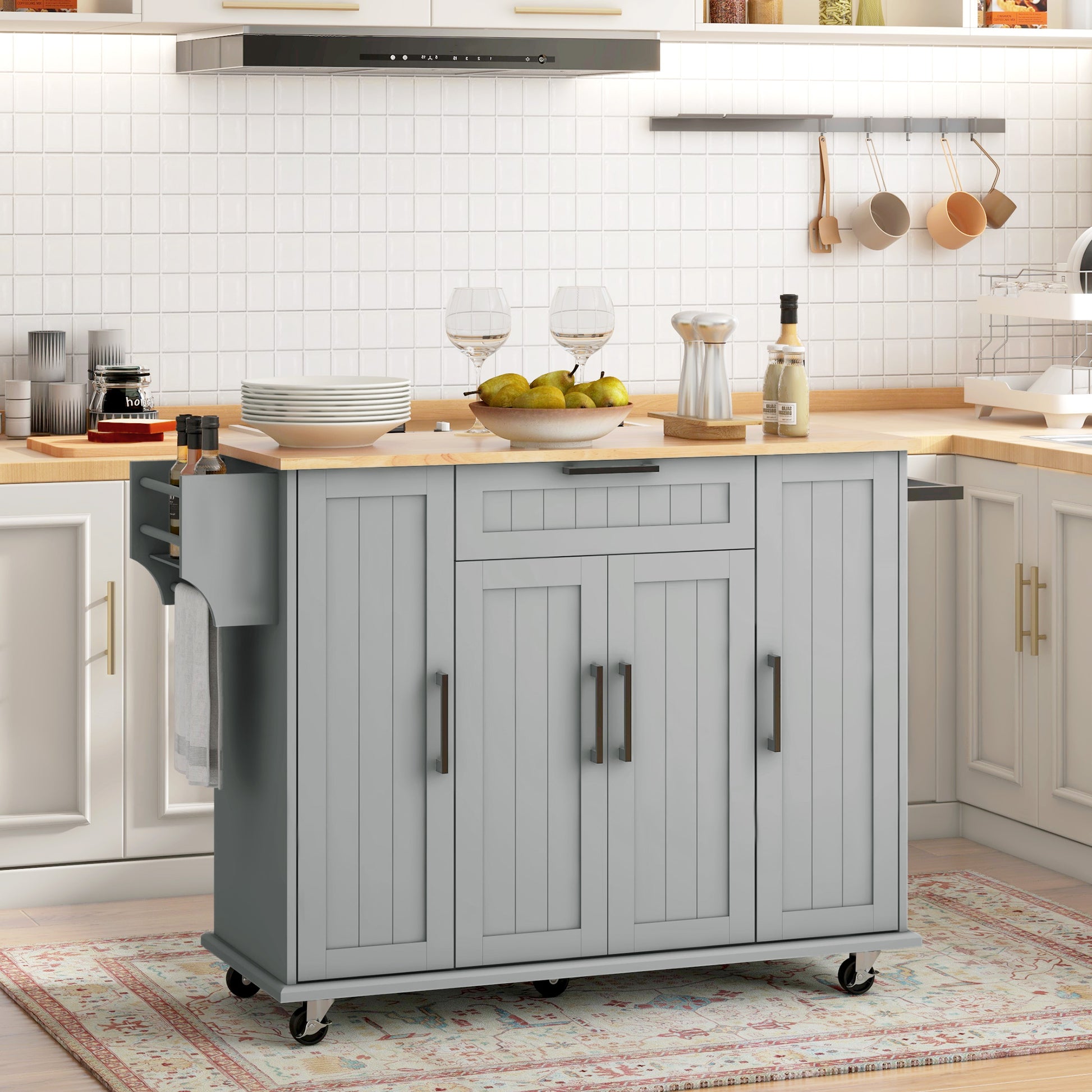 Modern Rolling Kitchen Island Cart - Grey Rubber Wood Top 52" W-DECOROLALA