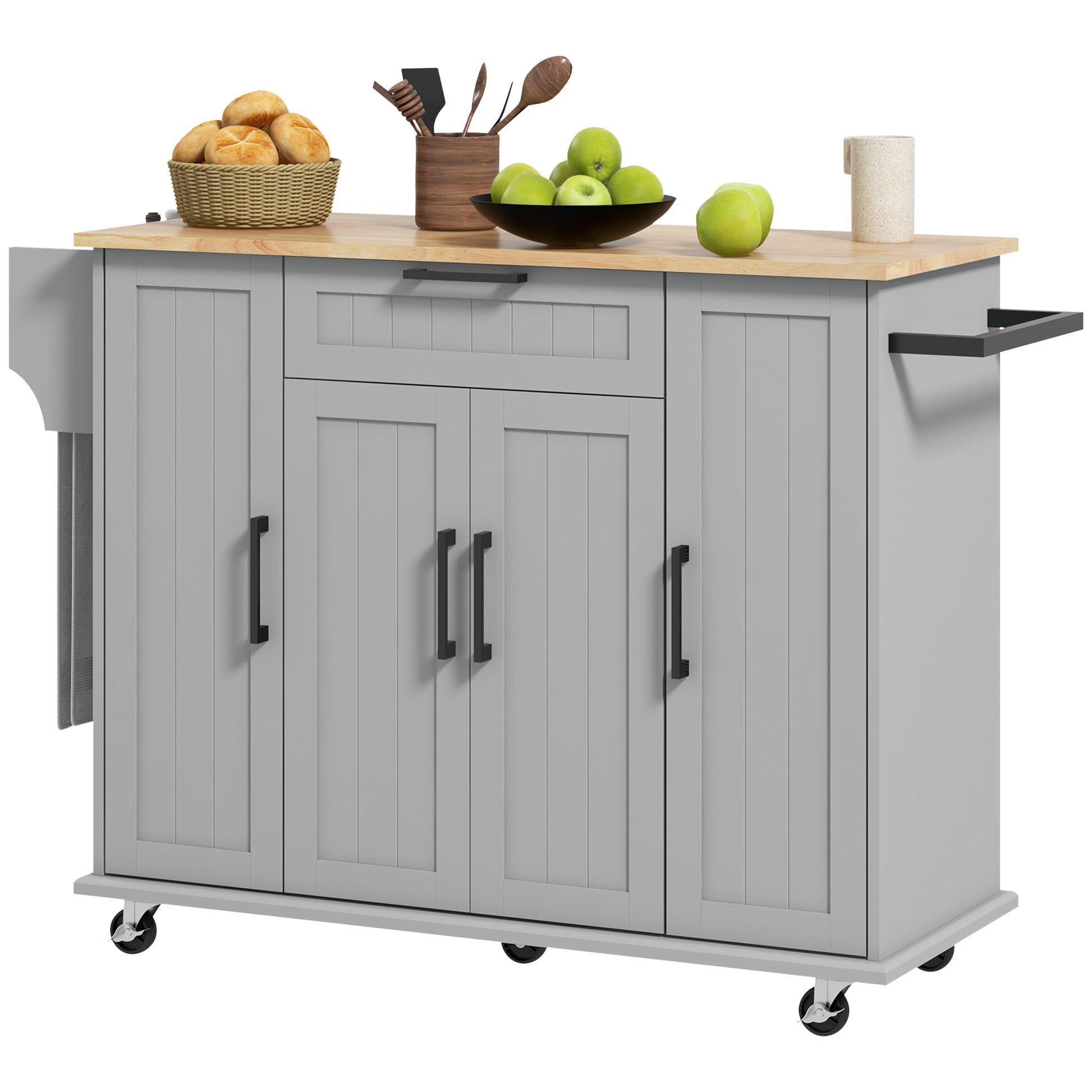 Modern Rolling Kitchen Island Cart - Grey Rubber Wood Top 52" W-DECOROLALA
