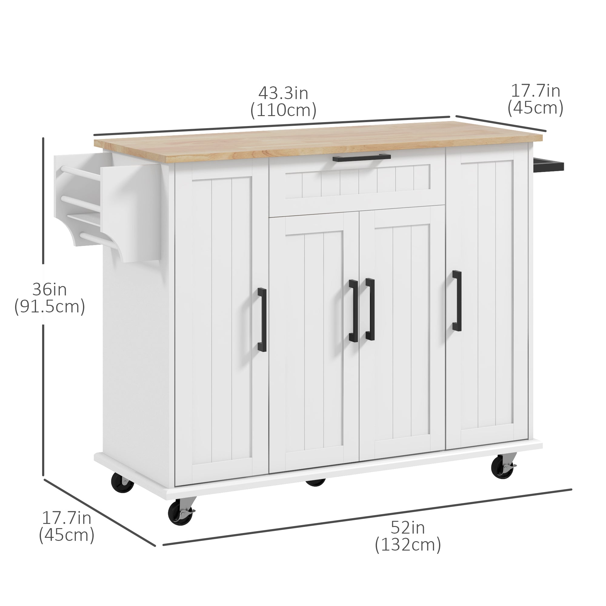 Modern Rolling Kitchen Island Cart - White 52" Rubber Wood Top-DECOROLALA
