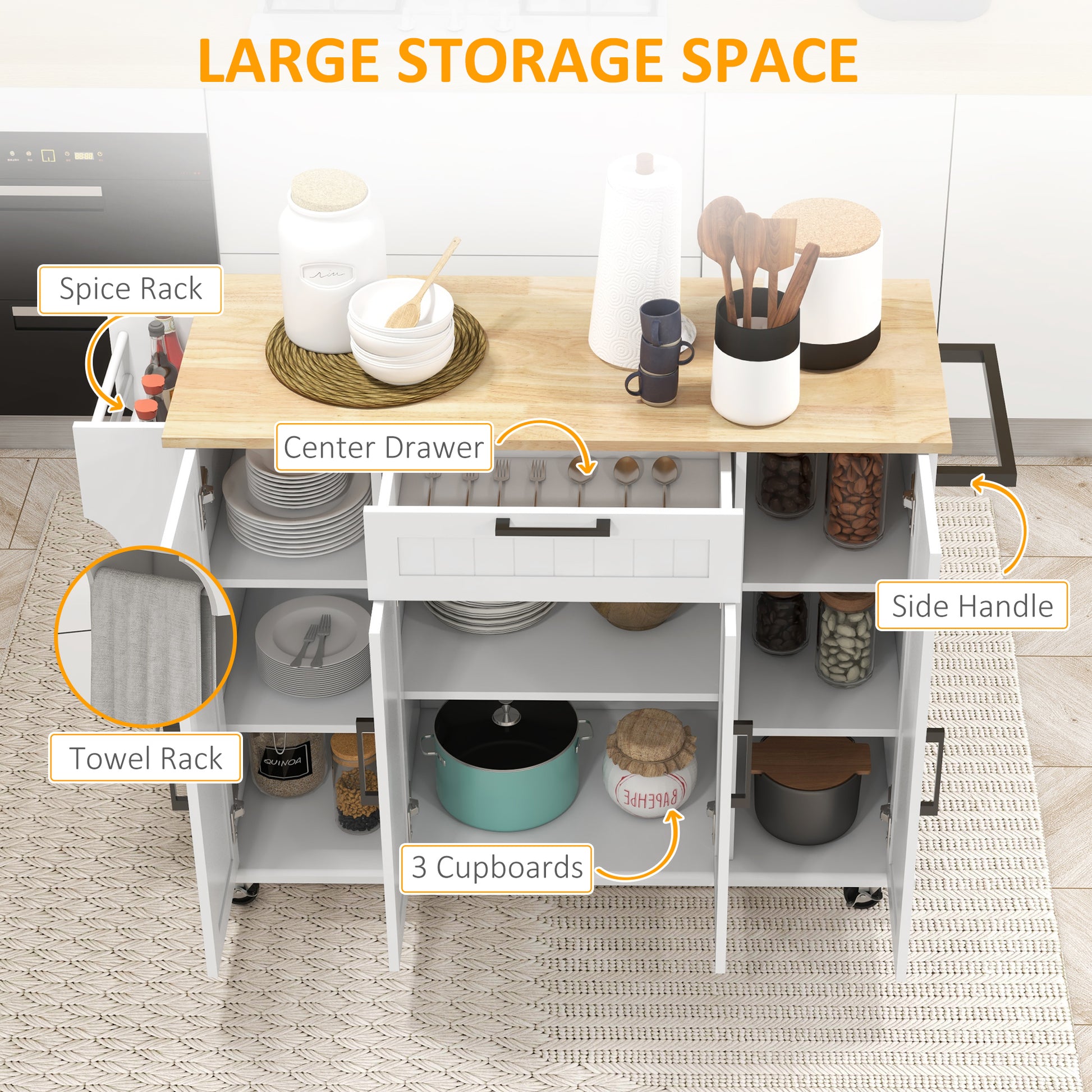 Modern Rolling Kitchen Island Cart - White 52" Rubber Wood Top-DECOROLALA