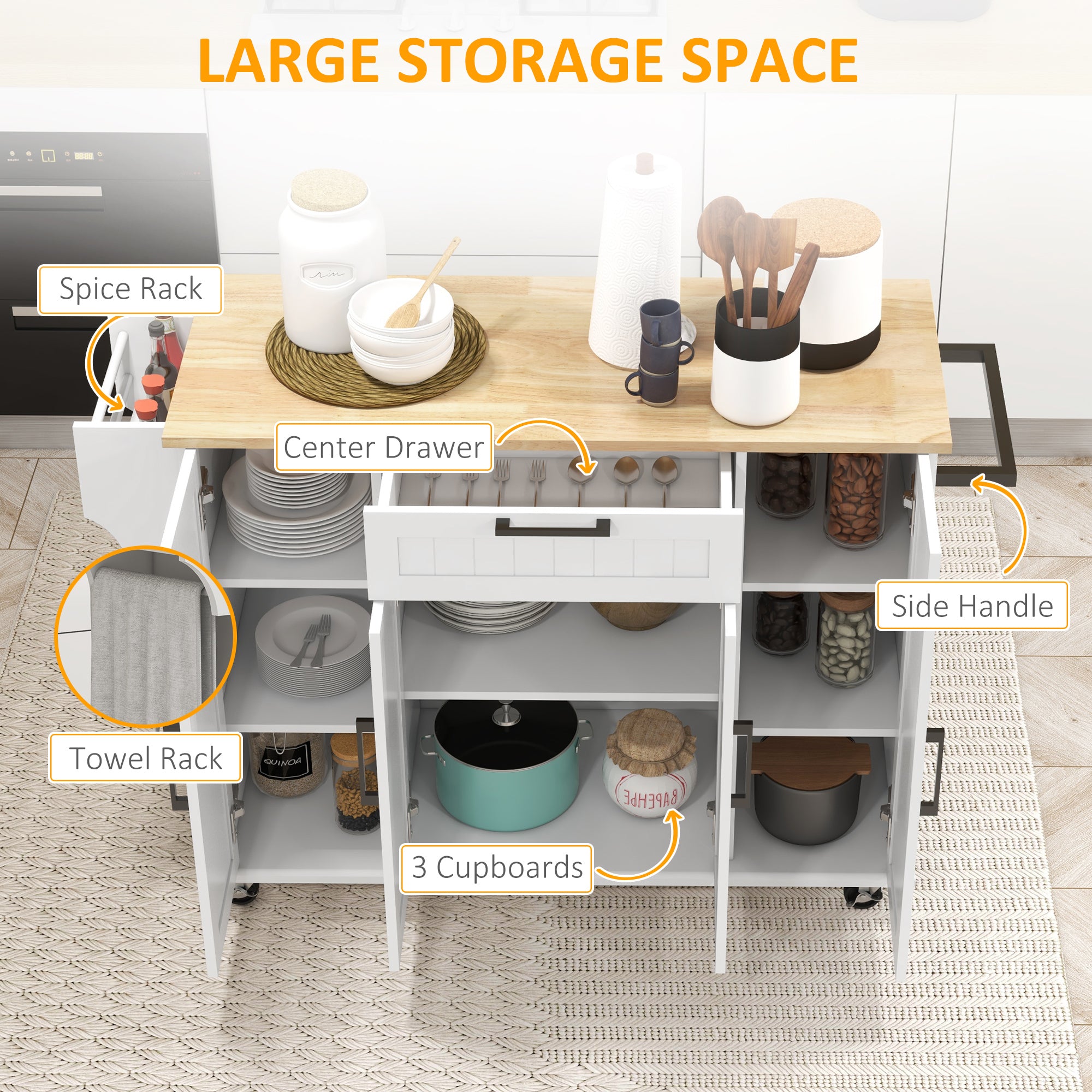 Modern Rolling Kitchen Island Cart - White 52" Rubber Wood Top-DECOROLALA