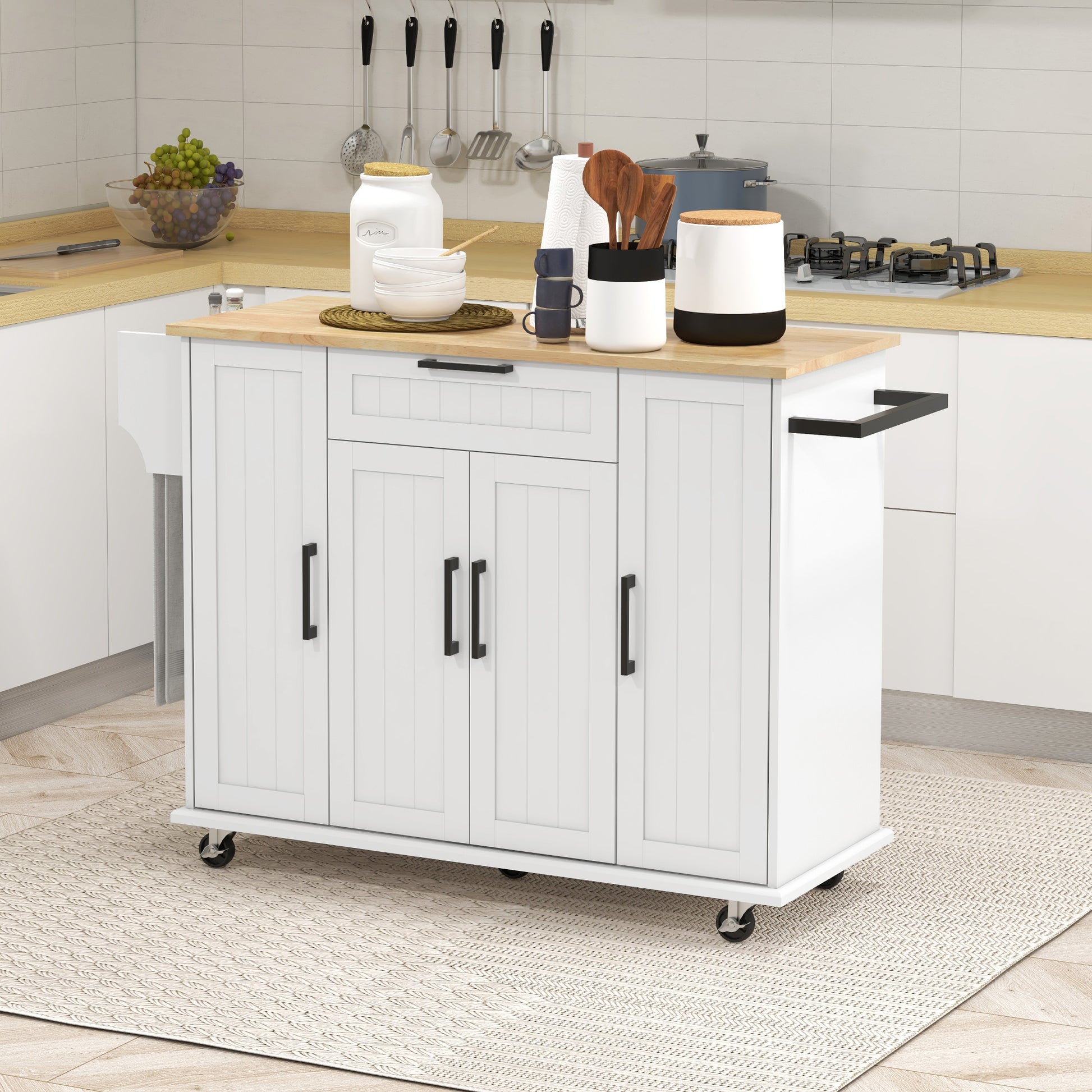 Modern Rolling Kitchen Island Cart - White 52" Rubber Wood Top-DECOROLALA