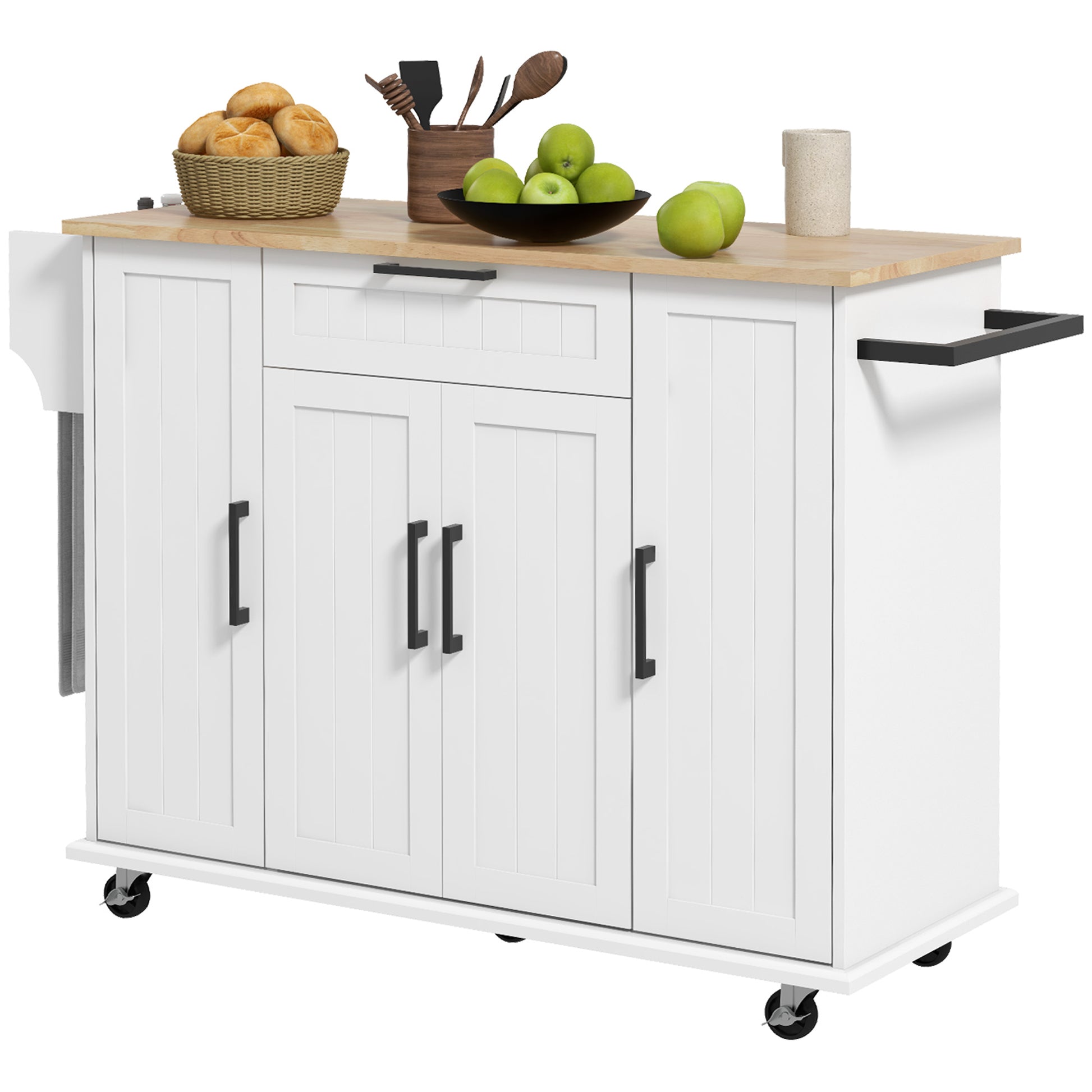Modern Rolling Kitchen Island Cart - White 52" Rubber Wood Top-DECOROLALA