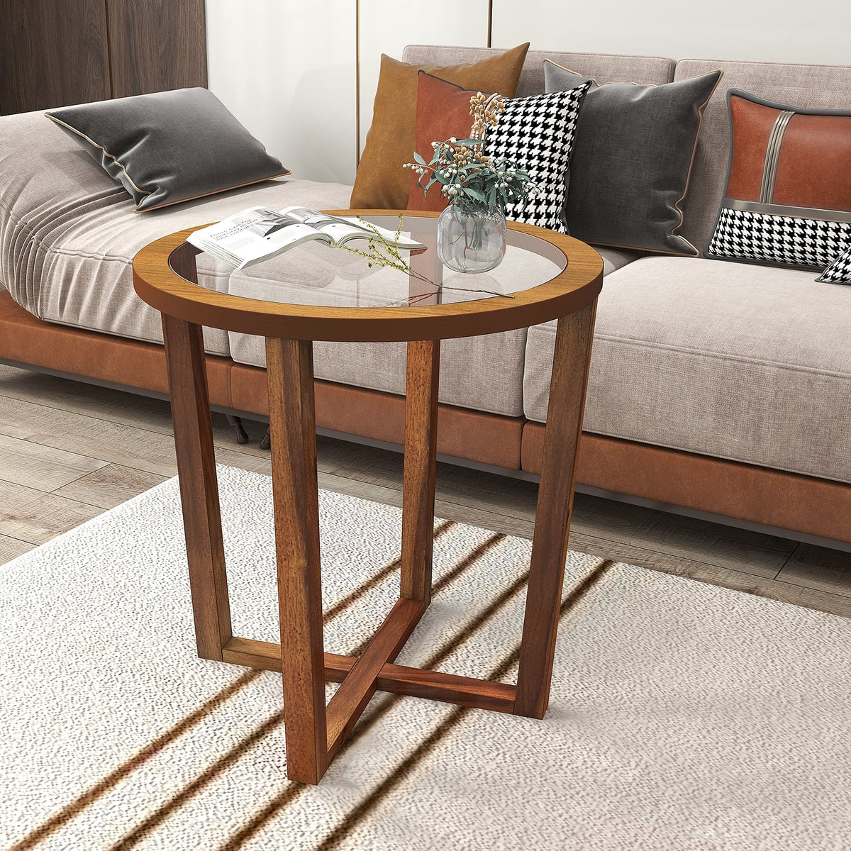 Modern Round End Table Sofa Side Table with Transparent Tempered Glass Top-Brown-End & Side Tables-DECOROLALA