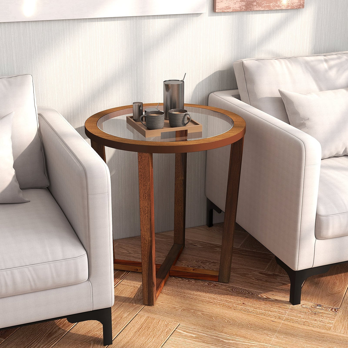 Modern Round End Table Sofa Side Table with Transparent Tempered Glass Top-Brown-End & Side Tables-DECOROLALA