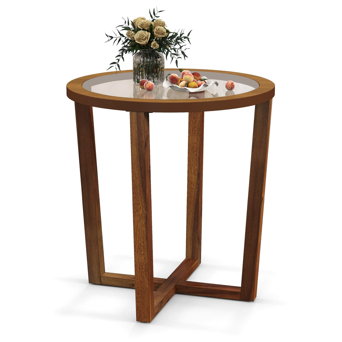Modern Round End Table Sofa Side Table with Transparent Tempered Glass Top-Brown-End & Side Tables-DECOROLALA