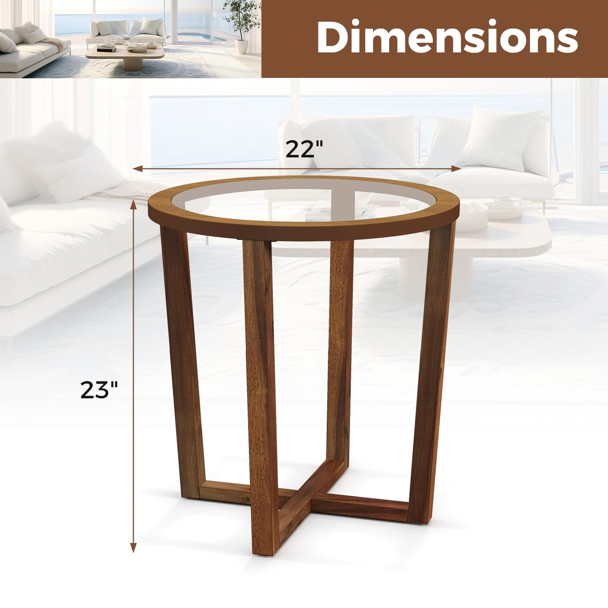 Modern Round End Table Sofa Side Table with Transparent Tempered Glass Top-Brown-End & Side Tables-DECOROLALA
