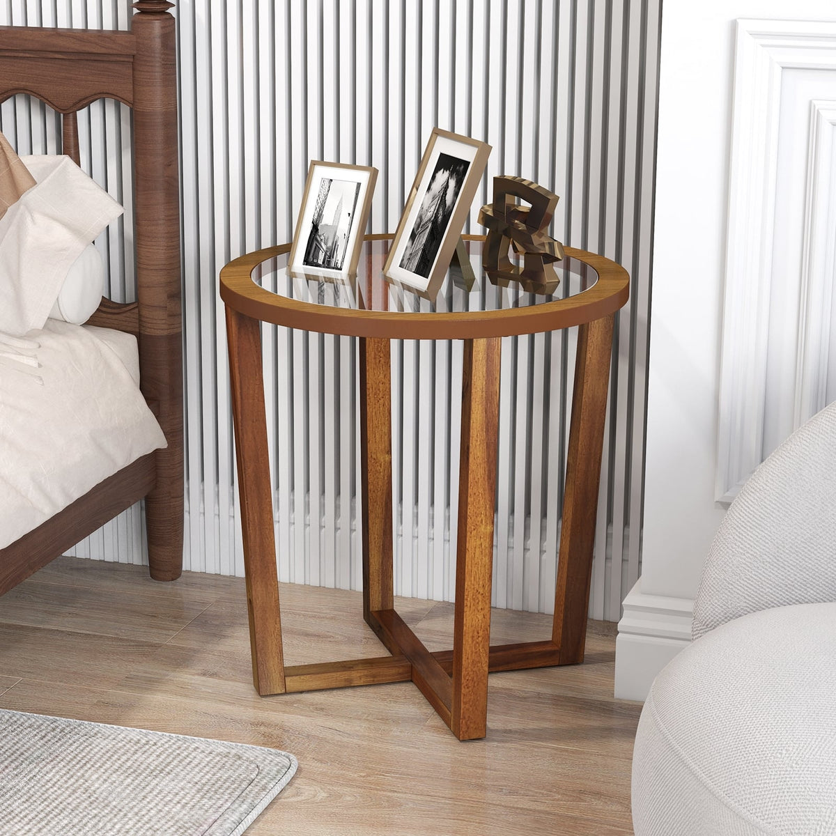Modern Round End Table Sofa Side Table with Transparent Tempered Glass Top-Brown-End & Side Tables-DECOROLALA