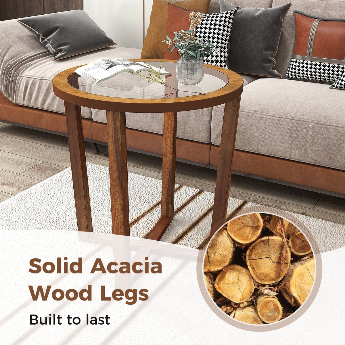 Modern Round End Table Sofa Side Table with Transparent Tempered Glass Top-Brown-End & Side Tables-DECOROLALA