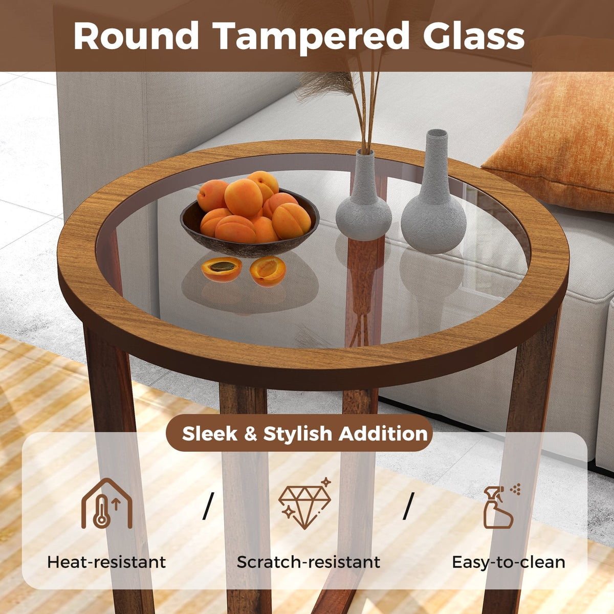 Modern Round End Table Sofa Side Table with Transparent Tempered Glass Top-Brown-End & Side Tables-DECOROLALA