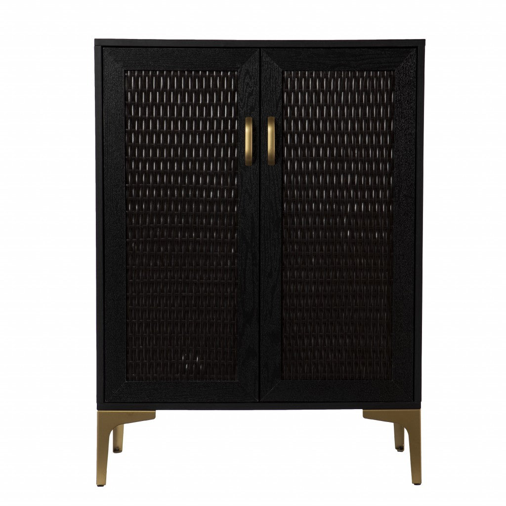 Modern Rustic Black Gold and Faux Rattan Bar Cabinet-Cabinets-DECOROLALA