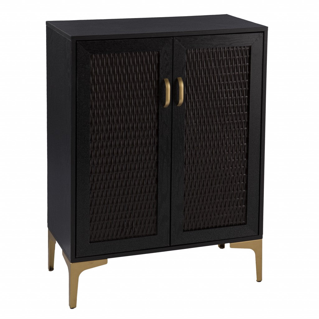 Modern Rustic Black Gold and Faux Rattan Bar Cabinet-Cabinets-DECOROLALA
