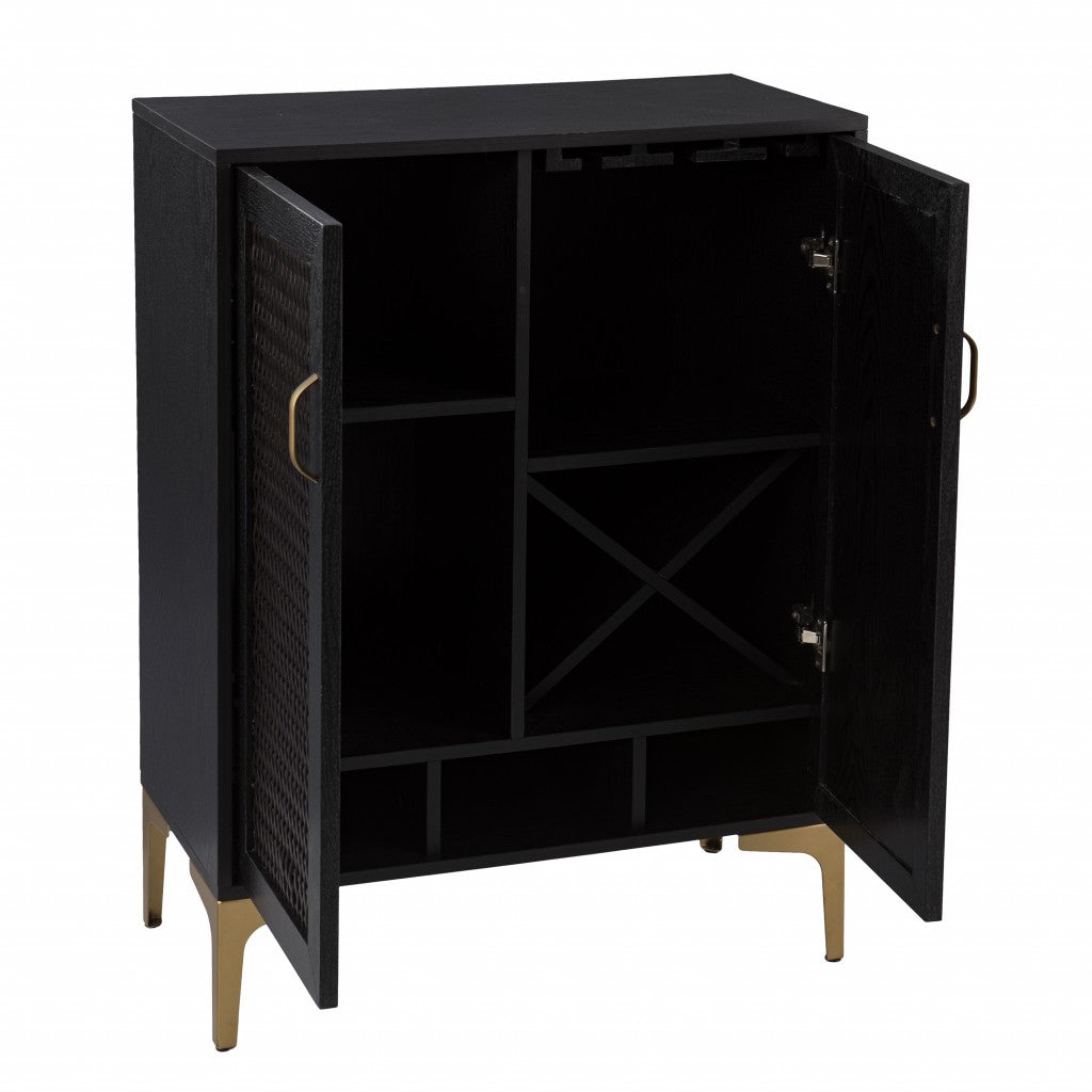 Modern Rustic Black Gold and Faux Rattan Bar Cabinet-Cabinets-DECOROLALA