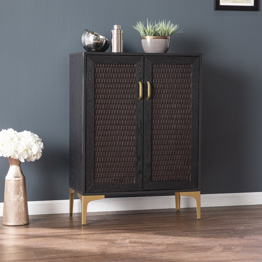 Modern Rustic Black Gold and Faux Rattan Bar Cabinet-Cabinets-DECOROLALA