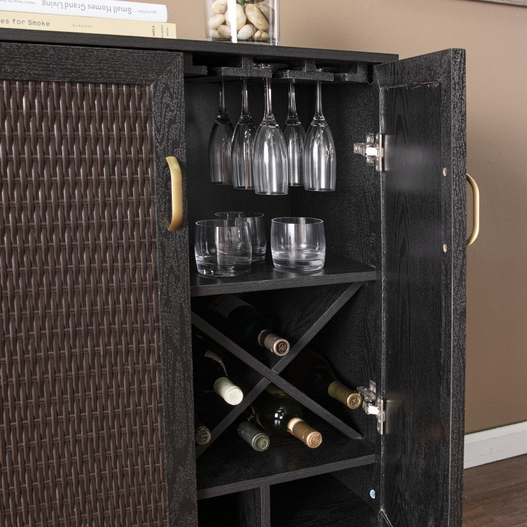 Modern Rustic Black Gold and Faux Rattan Bar Cabinet-Cabinets-DECOROLALA