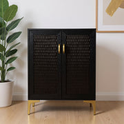Modern Rustic Black Gold and Faux Rattan Bar Cabinet-Cabinets-DECOROLALA