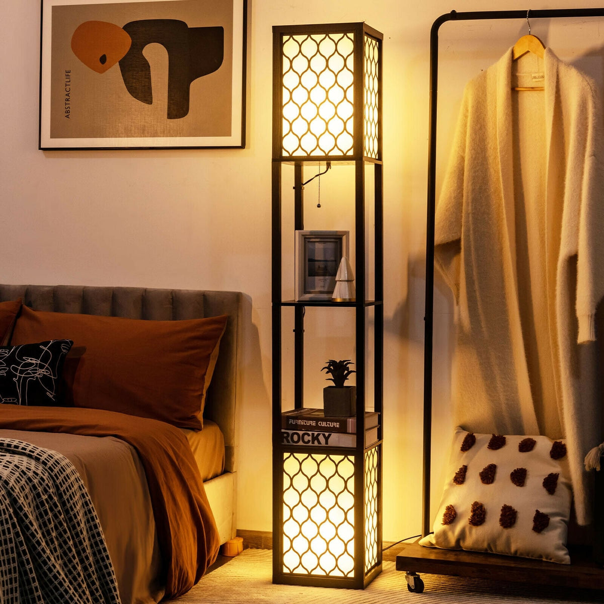 Modern Shelf Freestanding Floor Lamp with Double Lamp Pull Chain and Foot Switch-Table & Floor Lamps-DECOROLALA