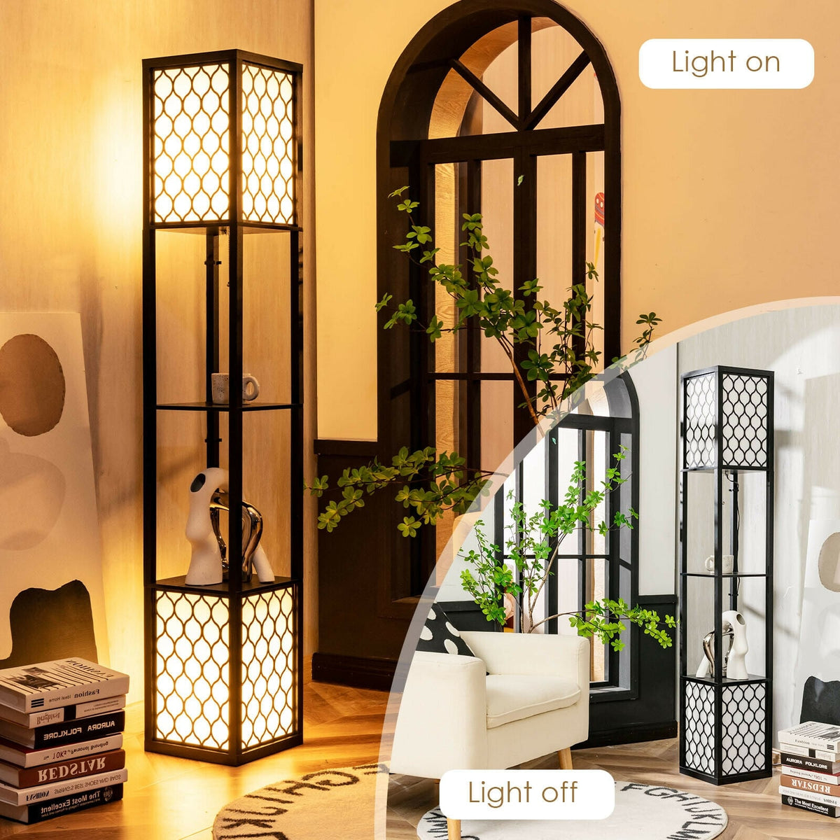 Modern Shelf Freestanding Floor Lamp with Double Lamp Pull Chain and Foot Switch-Table & Floor Lamps-DECOROLALA