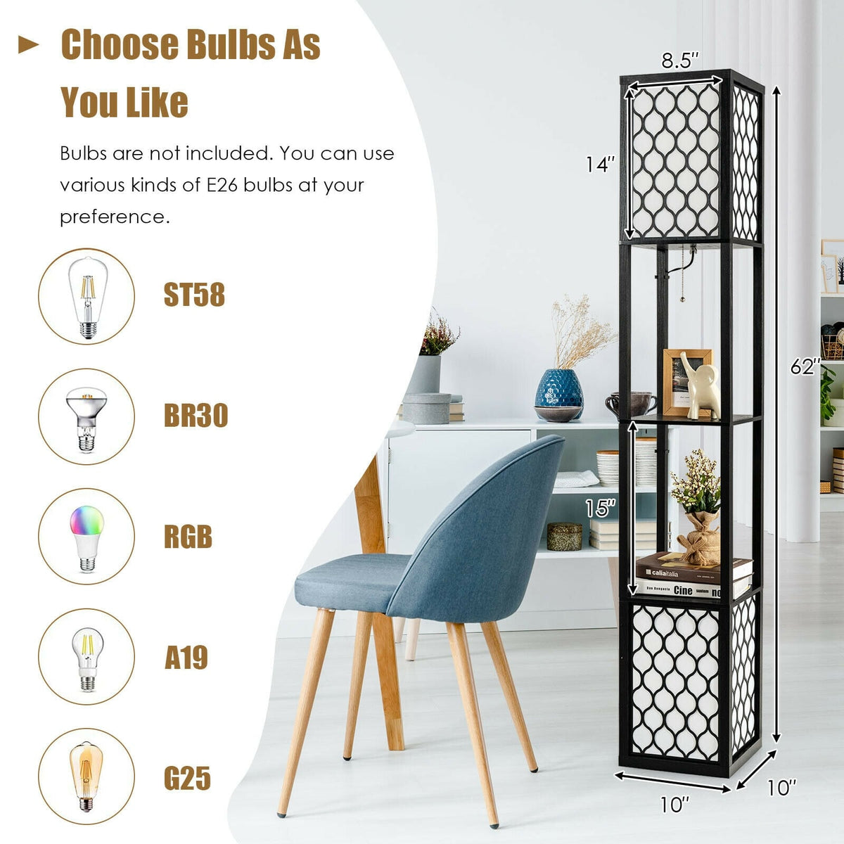Modern Shelf Freestanding Floor Lamp with Double Lamp Pull Chain and Foot Switch-Table & Floor Lamps-DECOROLALA