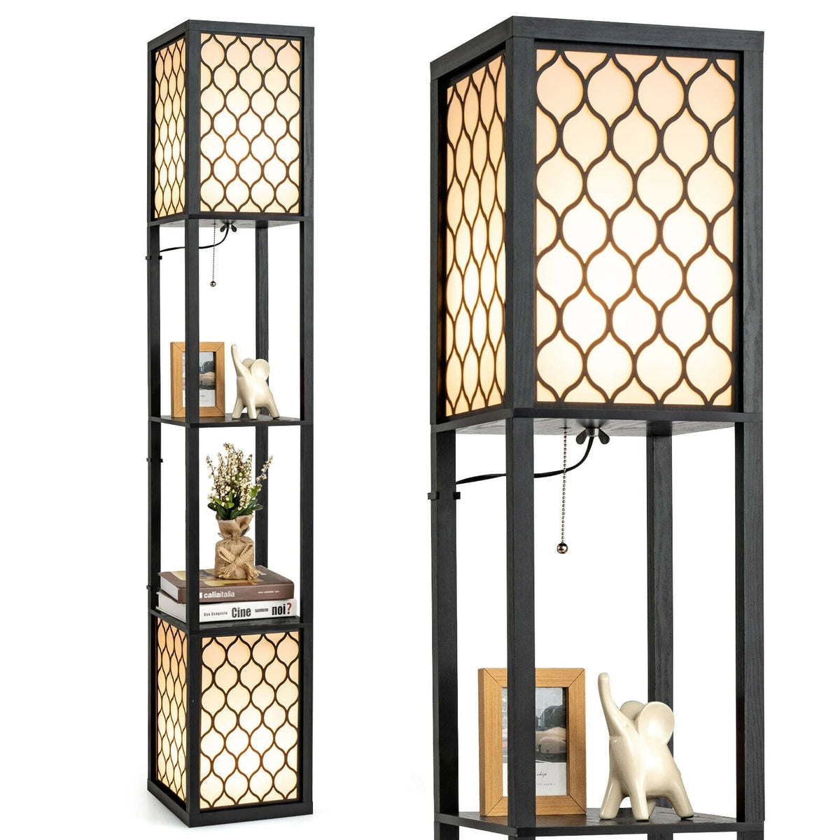 Modern Shelf Freestanding Floor Lamp with Double Lamp Pull Chain and Foot Switch-Table & Floor Lamps-DECOROLALA