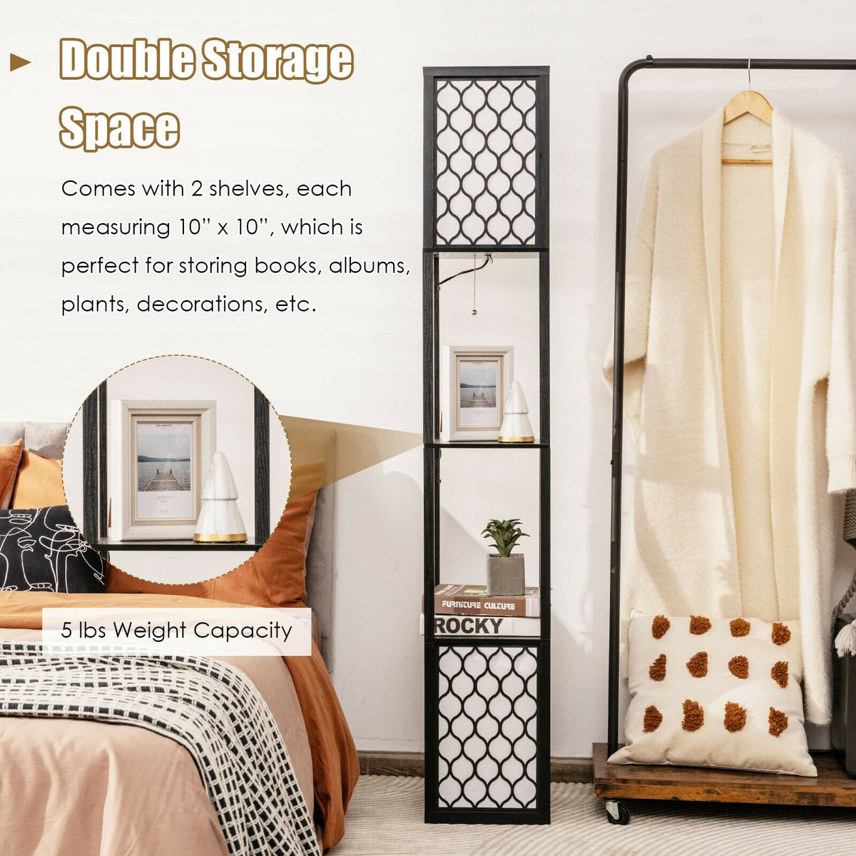 Modern Shelf Freestanding Floor Lamp with Double Lamp Pull Chain and Foot Switch-Table & Floor Lamps-DECOROLALA