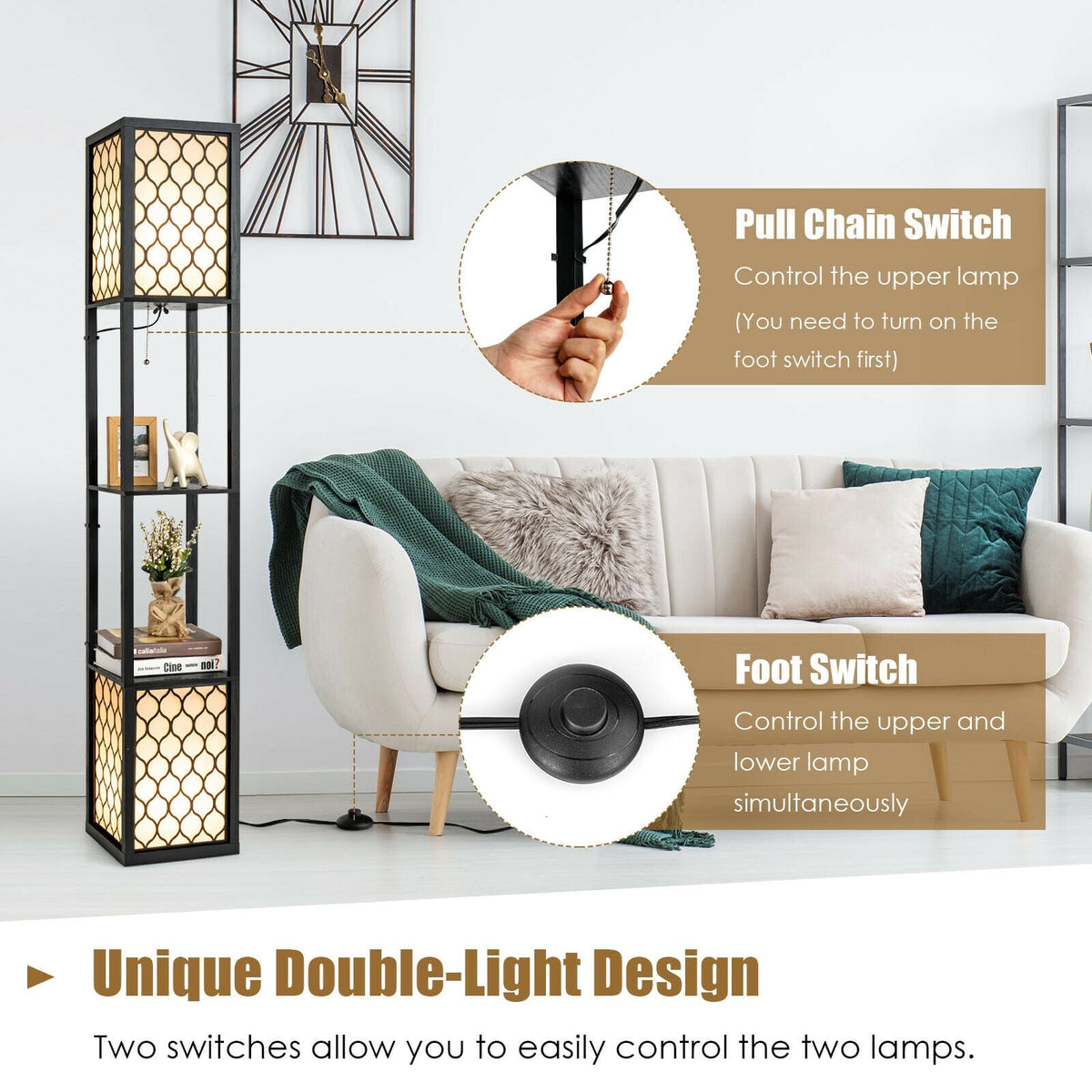 Modern Shelf Freestanding Floor Lamp with Double Lamp Pull Chain and Foot Switch-Table & Floor Lamps-DECOROLALA