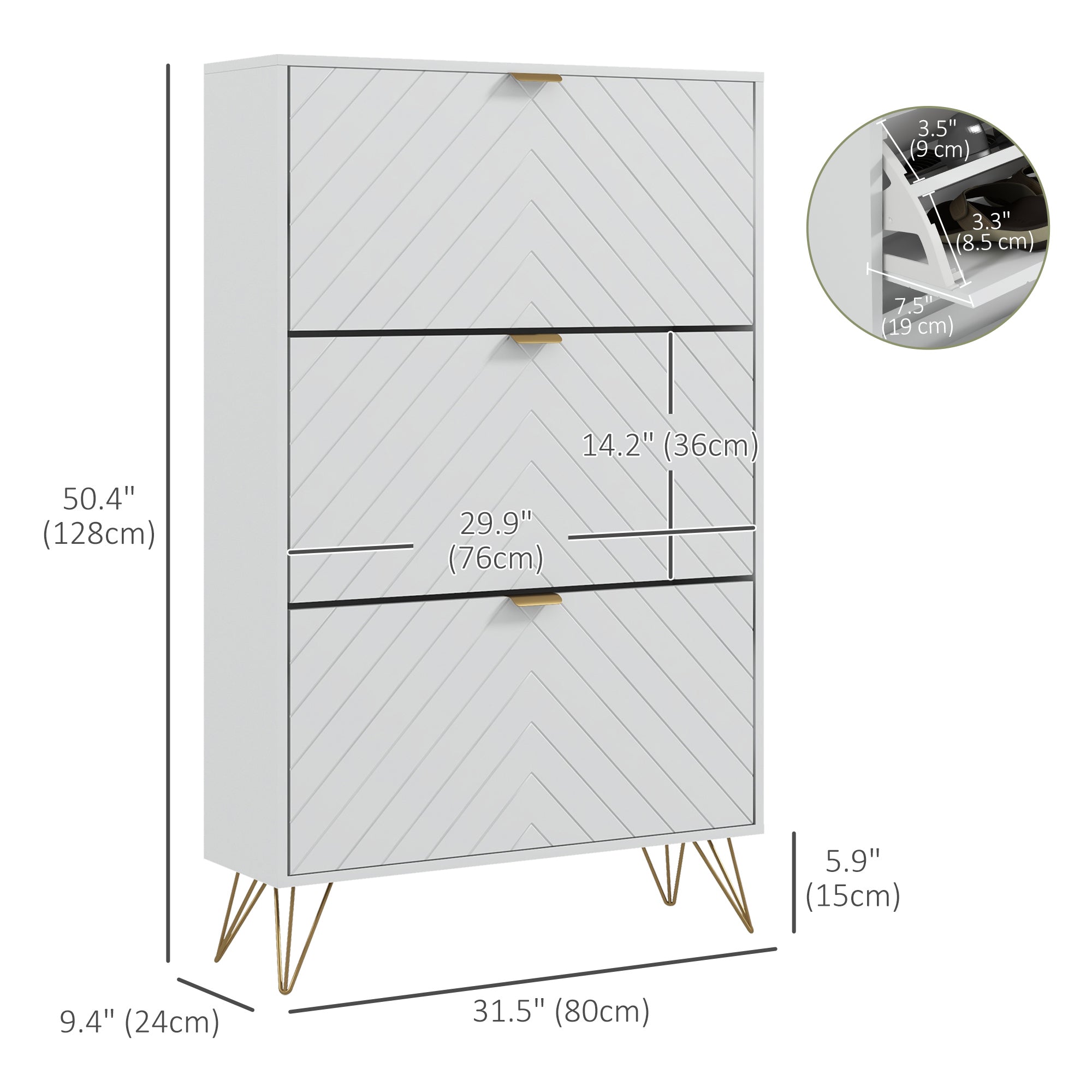 Modern Shoe Cabinet - 3 Flip Drawers 18 Pair White/Gold-Home Furnishings > Storage & Organization > Shoe Storage Cabinets & Racks-DECOROLALA