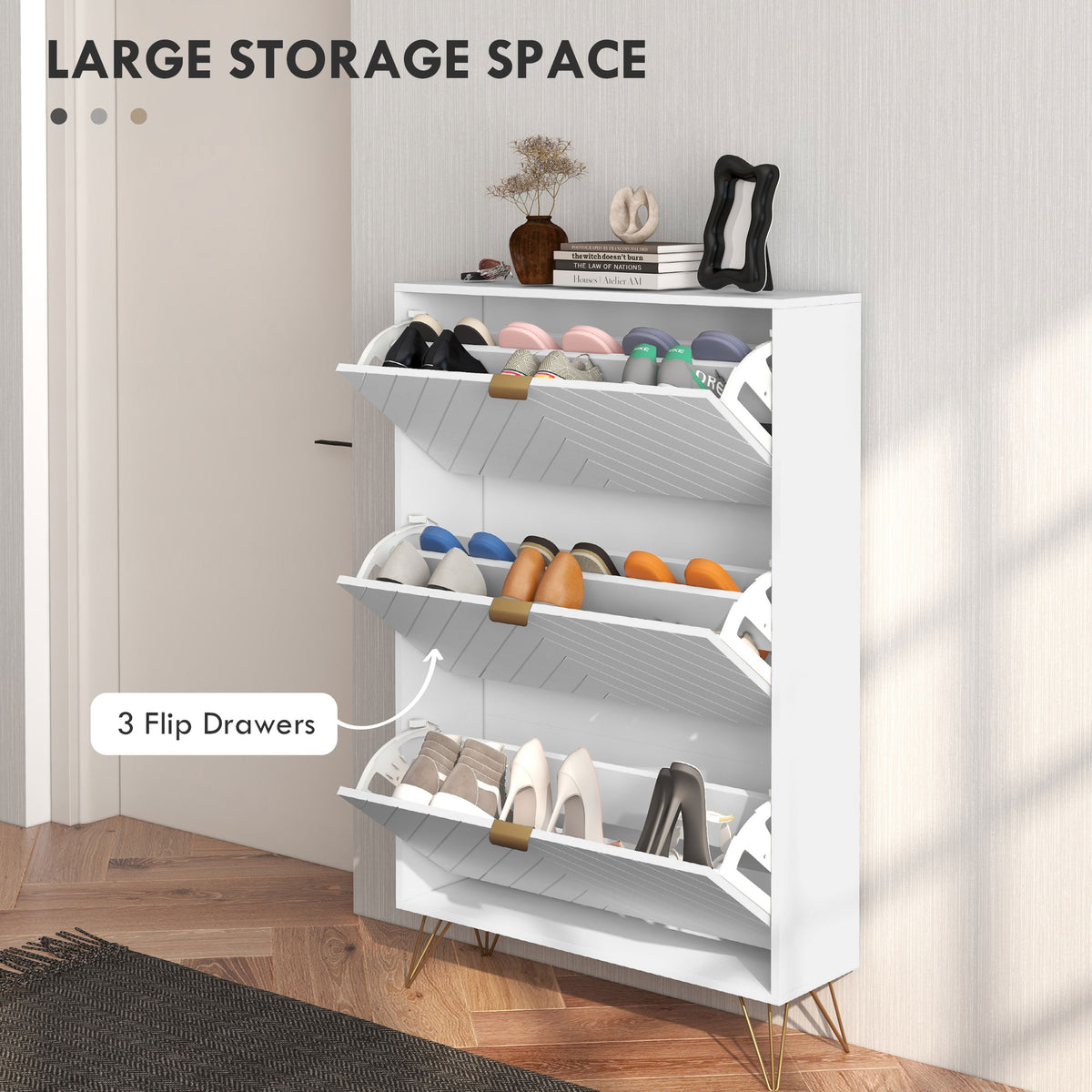 Modern Shoe Cabinet - 3 Flip Drawers 18 Pair White/Gold-Home Furnishings > Storage & Organization > Shoe Storage Cabinets & Racks-DECOROLALA