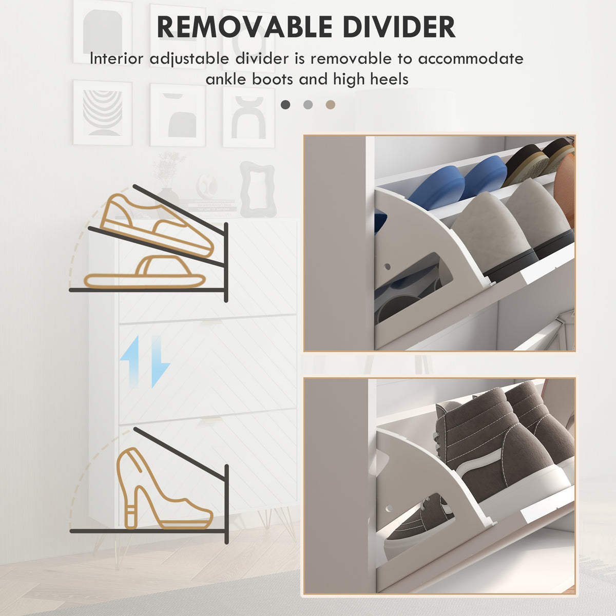 Modern Shoe Cabinet - 3 Flip Drawers 18 Pair White/Gold-Home Furnishings > Storage & Organization > Shoe Storage Cabinets & Racks-DECOROLALA