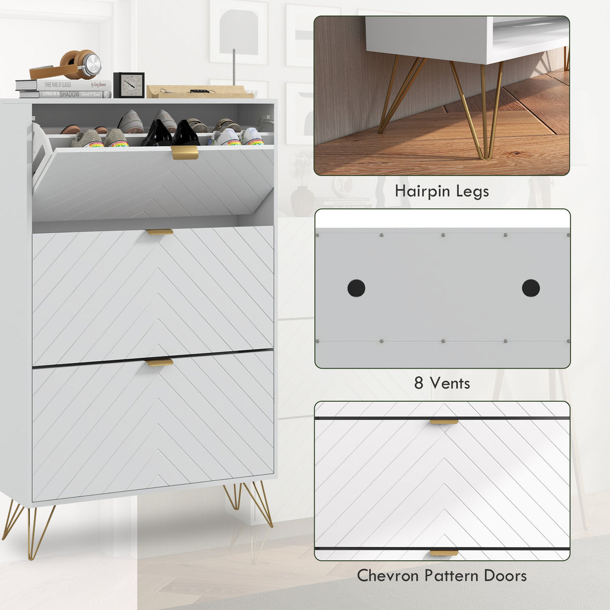 Modern Shoe Cabinet - 3 Flip Drawers 18 Pair White/Gold-Home Furnishings > Storage & Organization > Shoe Storage Cabinets & Racks-DECOROLALA