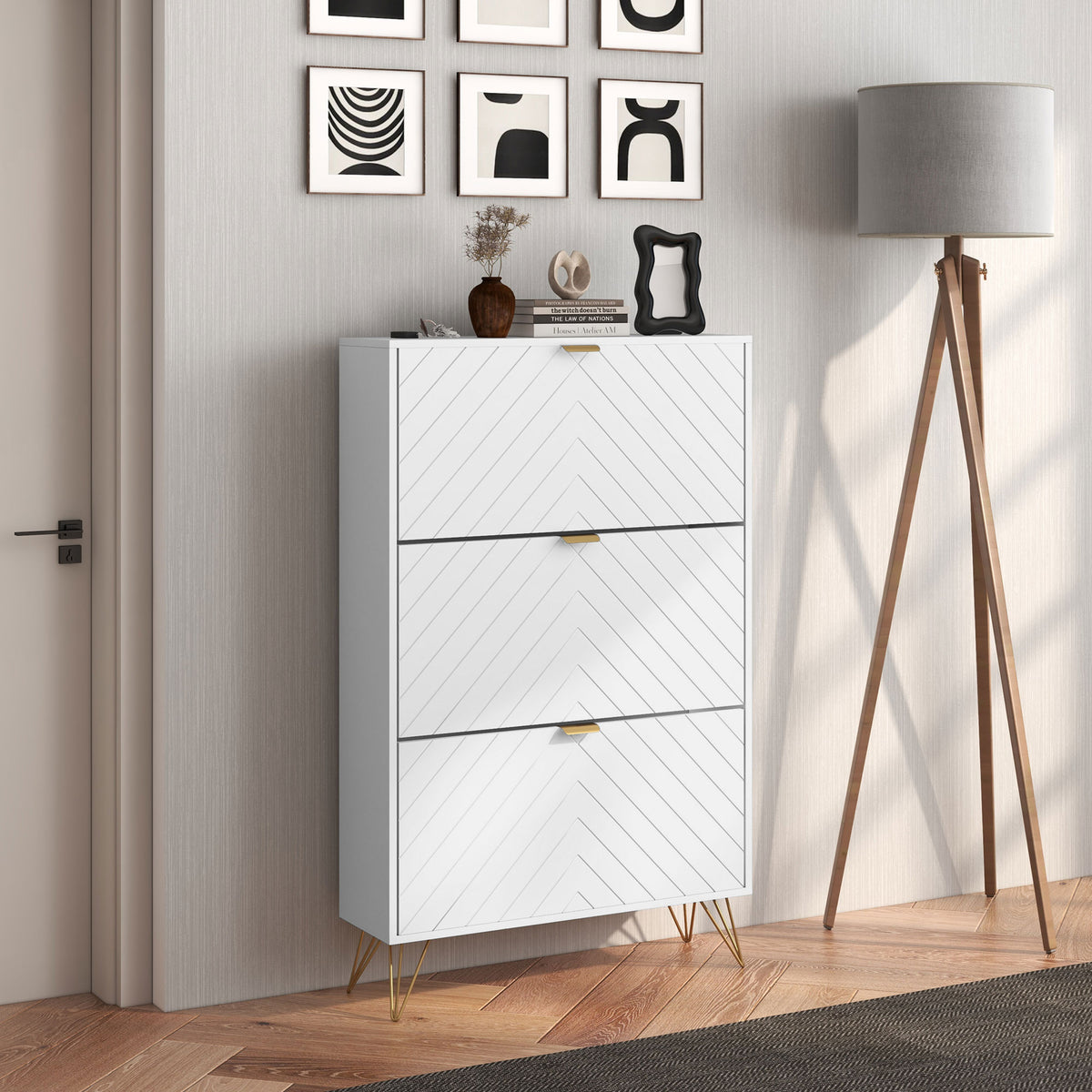 Modern Shoe Cabinet - 3 Flip Drawers 18 Pair White/Gold-Home Furnishings > Storage & Organization > Shoe Storage Cabinets & Racks-DECOROLALA