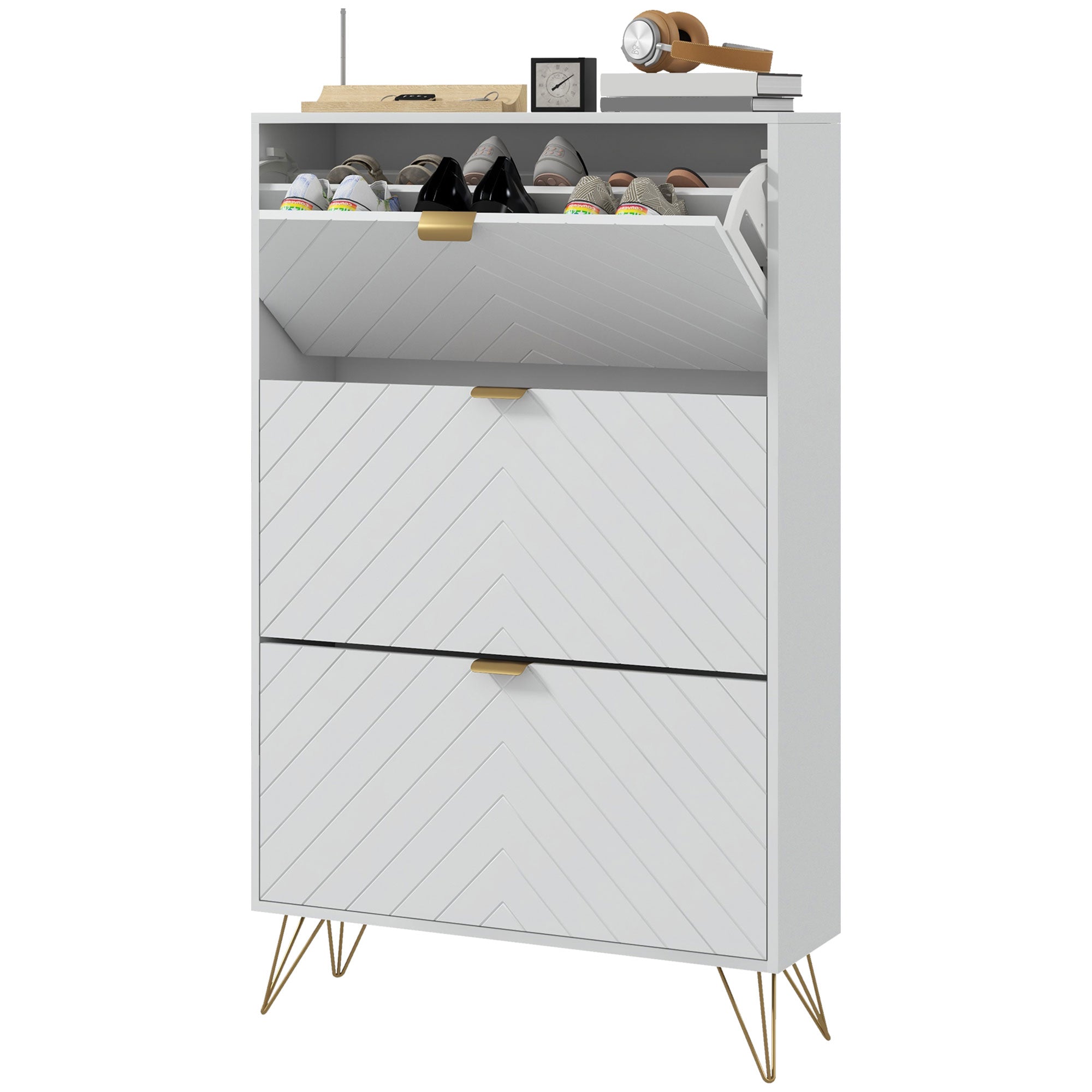 Modern Shoe Cabinet - 3 Flip Drawers 18 Pair White/Gold-Home Furnishings > Storage & Organization > Shoe Storage Cabinets & Racks-DECOROLALA