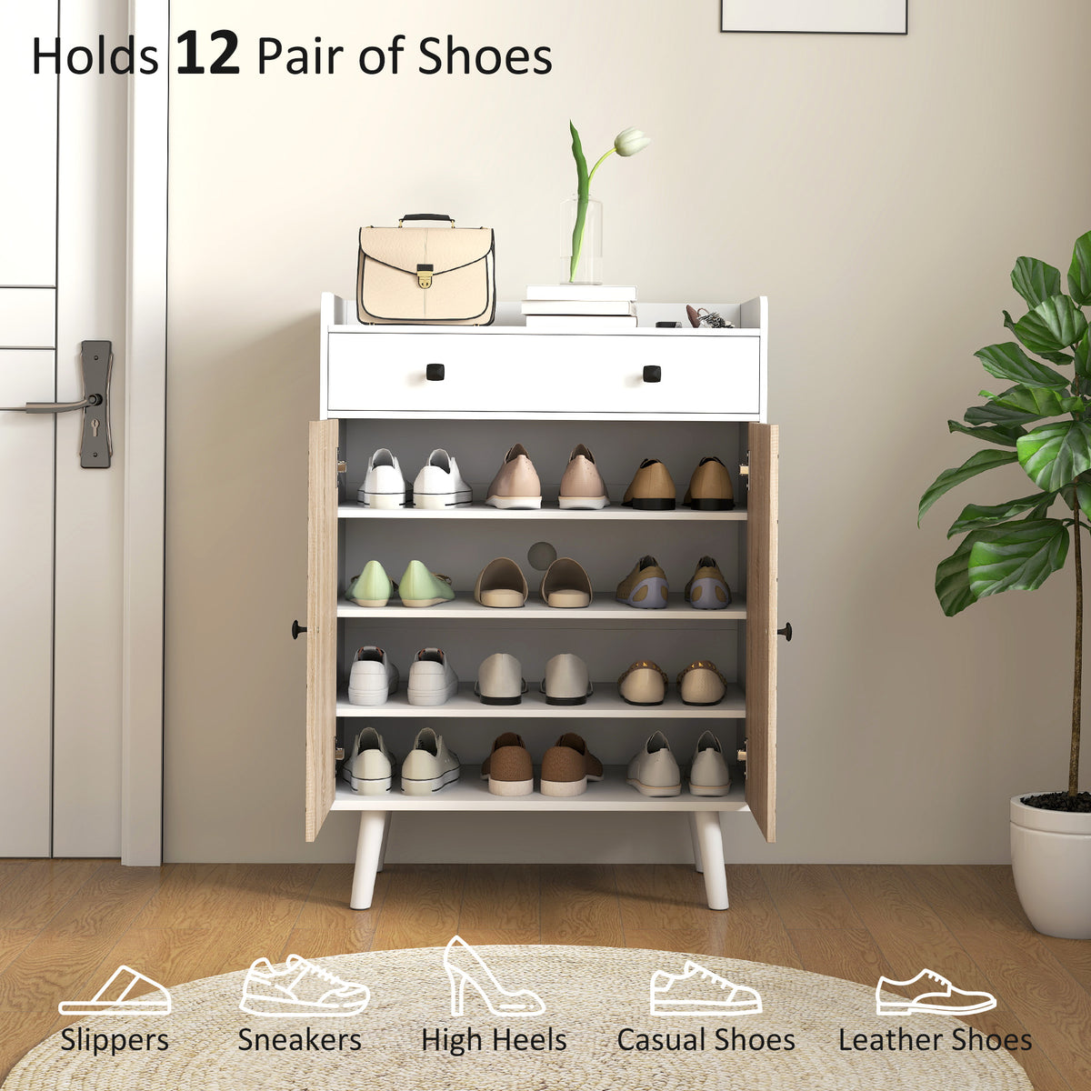 Modern Shoe Cabinet - White & Wood Grain 12-Pair Storage-Home Furnishings > Storage & Organization > Shoe Storage Cabinets & Racks-DECOROLALA