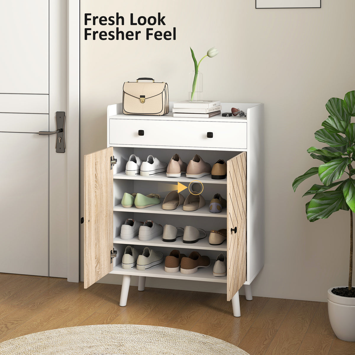 Modern Shoe Cabinet - White & Wood Grain 12-Pair Storage-Home Furnishings > Storage & Organization > Shoe Storage Cabinets & Racks-DECOROLALA
