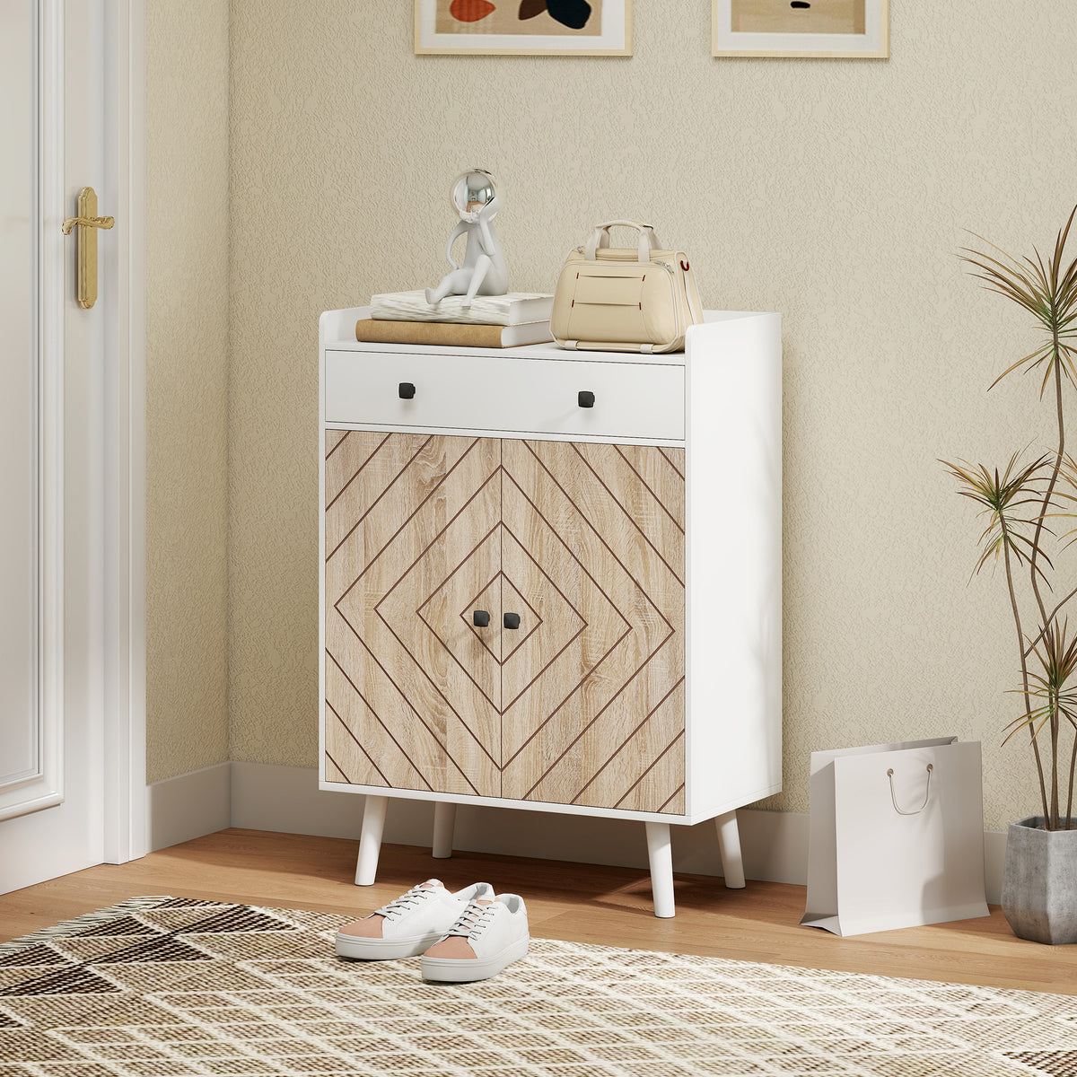 Modern Shoe Cabinet - White & Wood Grain 12-Pair Storage-Home Furnishings > Storage & Organization > Shoe Storage Cabinets & Racks-DECOROLALA