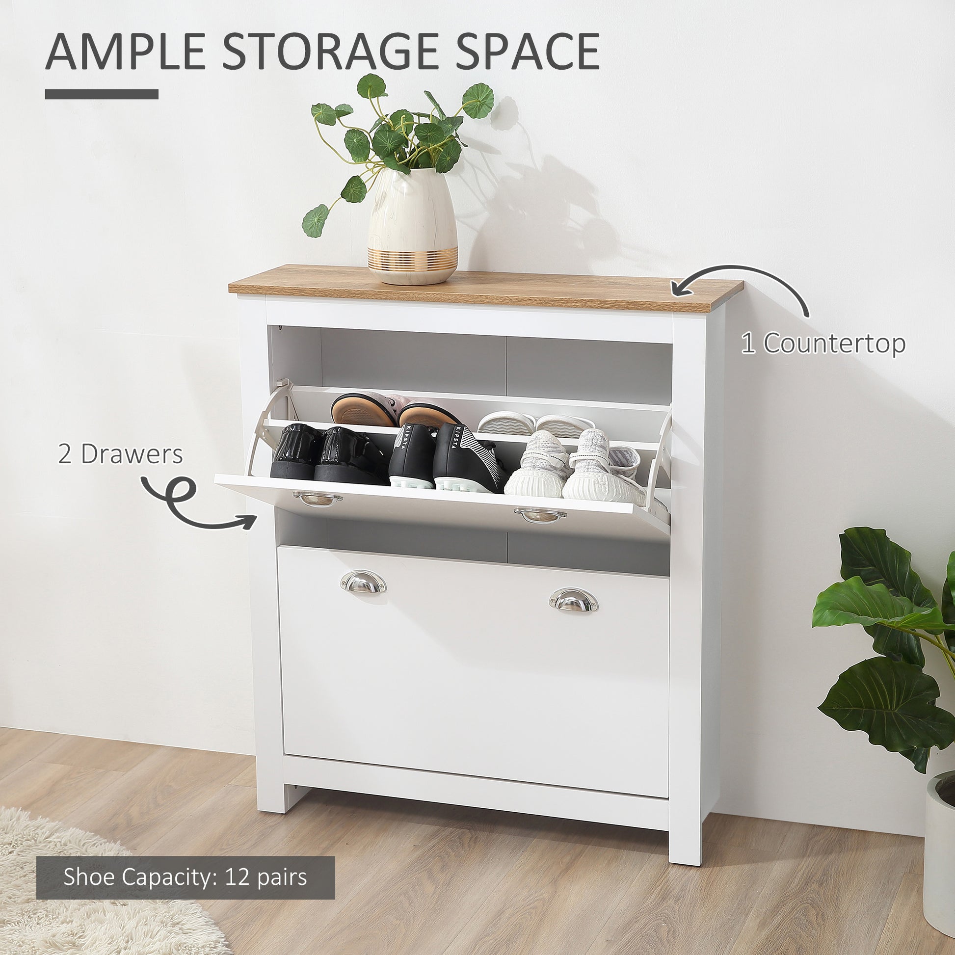 Modern Shoe Cabinet with 2 Flip Drawers and Adjustable Shelves, 12 Pair Shoe Storage Organizer for Hallway, White-Home Furnishings > Storage & Organization > Shoe Storage Cabinets & Racks-DECOROLALA
