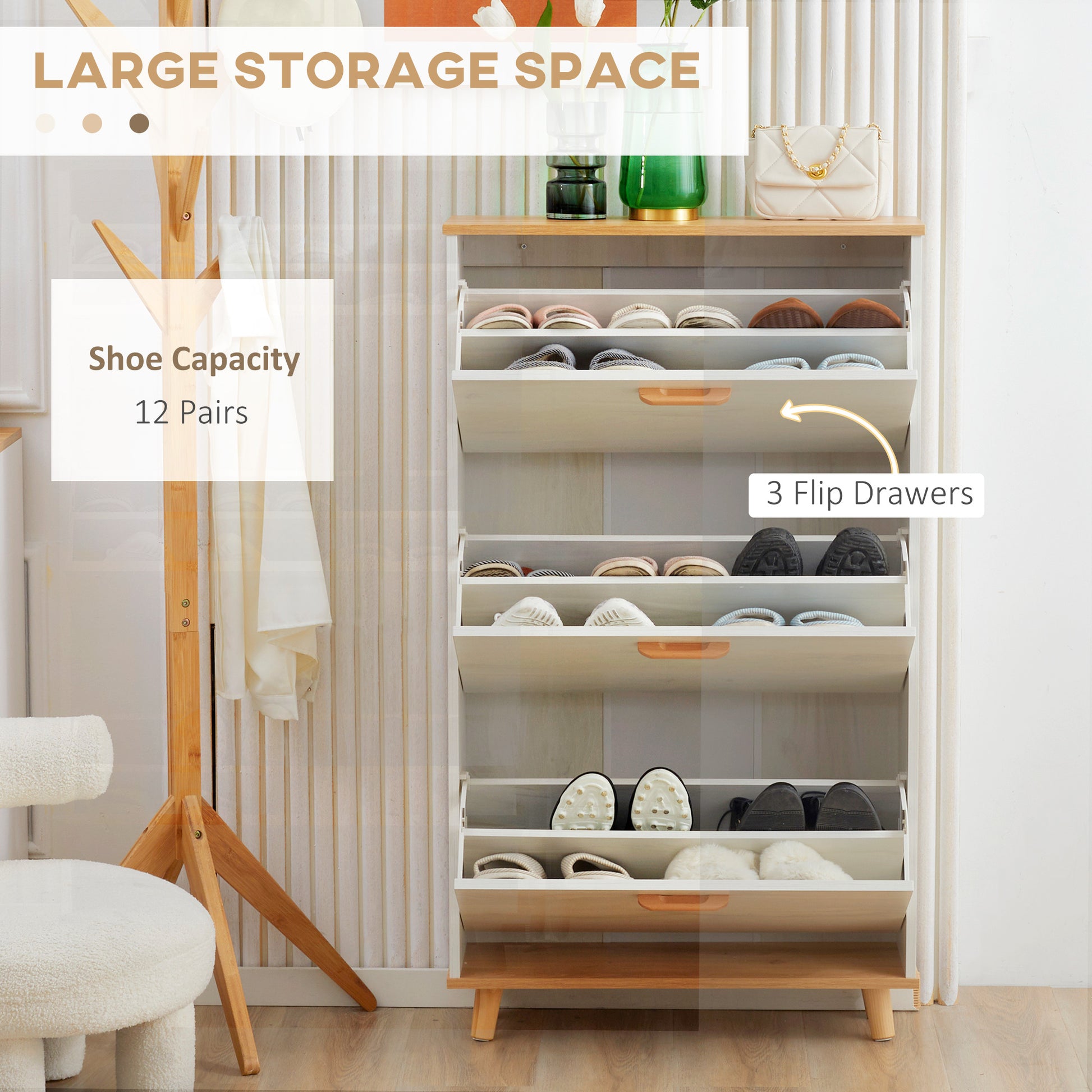 Modern Shoe Cabinet with 3 Flip Drawers and Adjustable Shelf, 12 Pair Shoe Storage Cabinet for Hallway, Entryway, White-Home Furnishings > Storage & Organization > Shoe Storage Cabinets & Racks-DECOROLALA