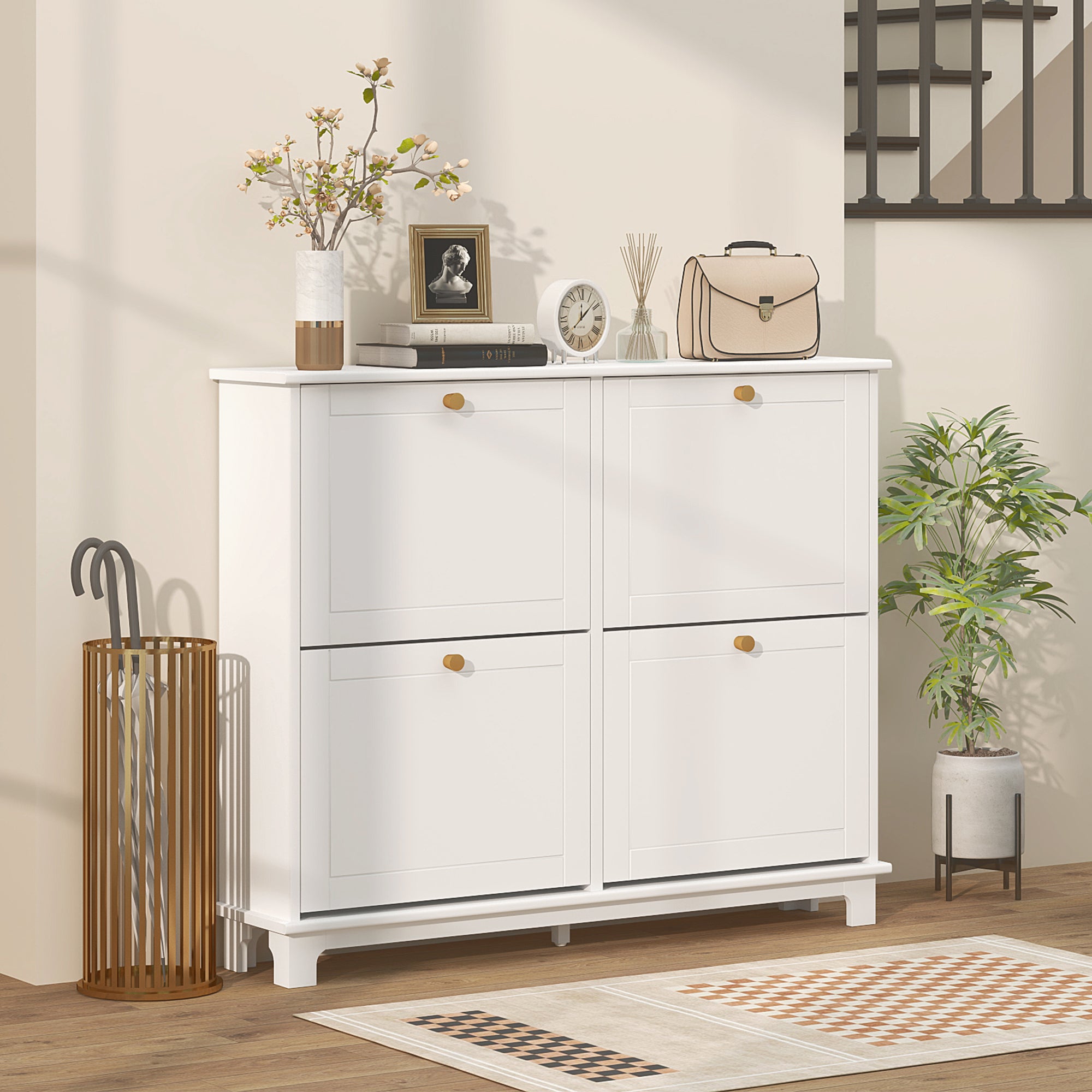 Modern Shoe Storage Cabinet, Narrow Shoe Cabinet with 4 Flip Drawers, Adjustable Shelves, 5 Legs for Entryway, White-Home Furnishings > Storage & Organization > Shoe Storage Cabinets & Racks-DECOROLALA
