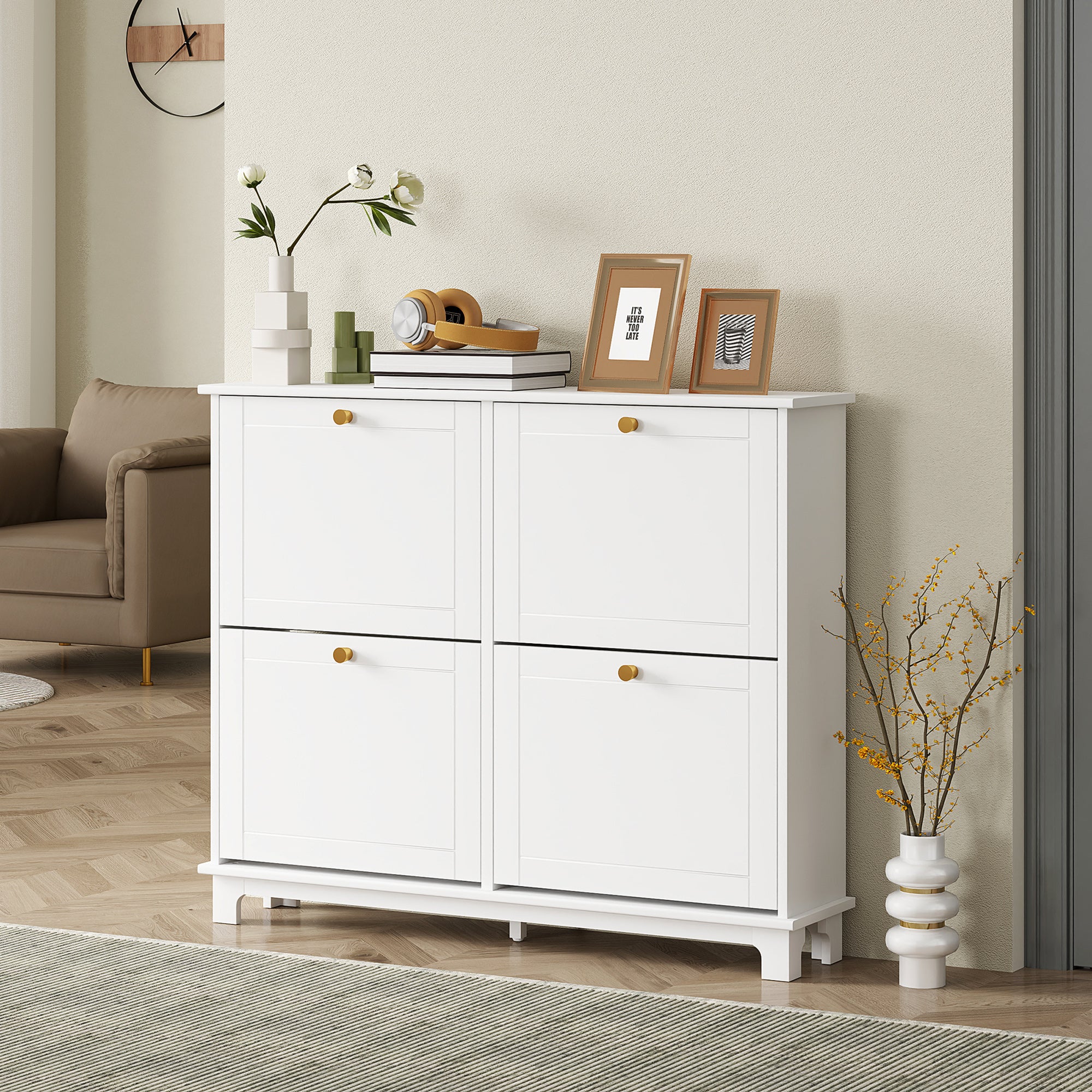 Modern Shoe Storage Cabinet, Narrow Shoe Cabinet with 4 Flip Drawers, Adjustable Shelves, 5 Legs for Entryway, White-Home Furnishings > Storage & Organization > Shoe Storage Cabinets & Racks-DECOROLALA