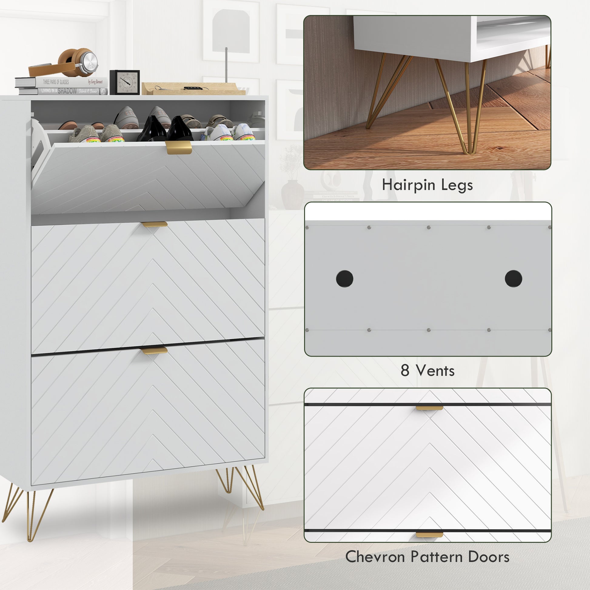 Modern Shoe Storage Cabinet with 3 Flip Drawers for 18 Pairs, Narrow Shoe Organizer for Entryway, Hallway, White-Home Furnishings > Storage & Organization > Shoe Storage Cabinets & Racks-DECOROLALA