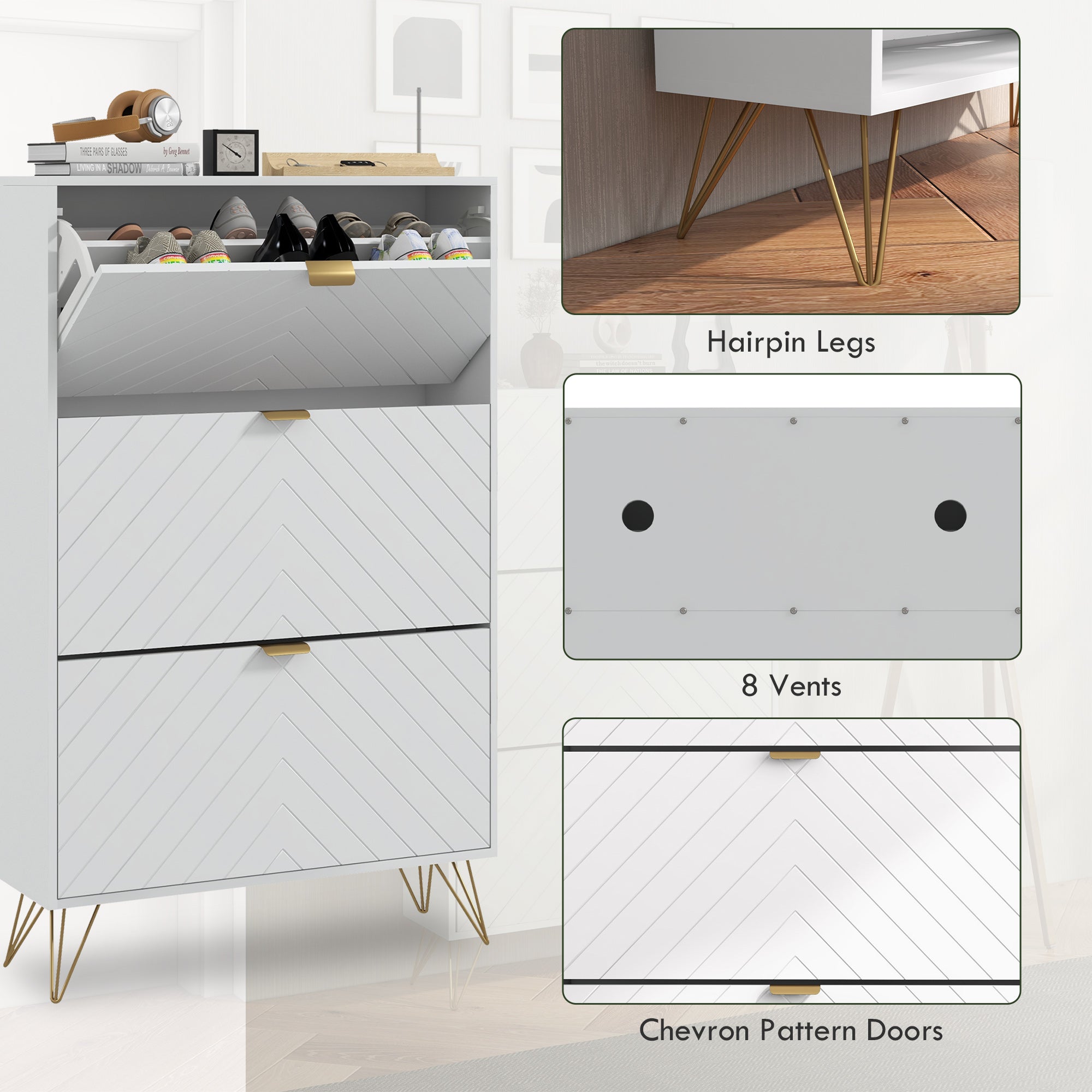 Modern Shoe Storage Cabinet with 3 Flip Drawers for 18 Pairs, Narrow Shoe Organizer for Entryway, Hallway, White-Home Furnishings > Storage & Organization > Shoe Storage Cabinets & Racks-DECOROLALA