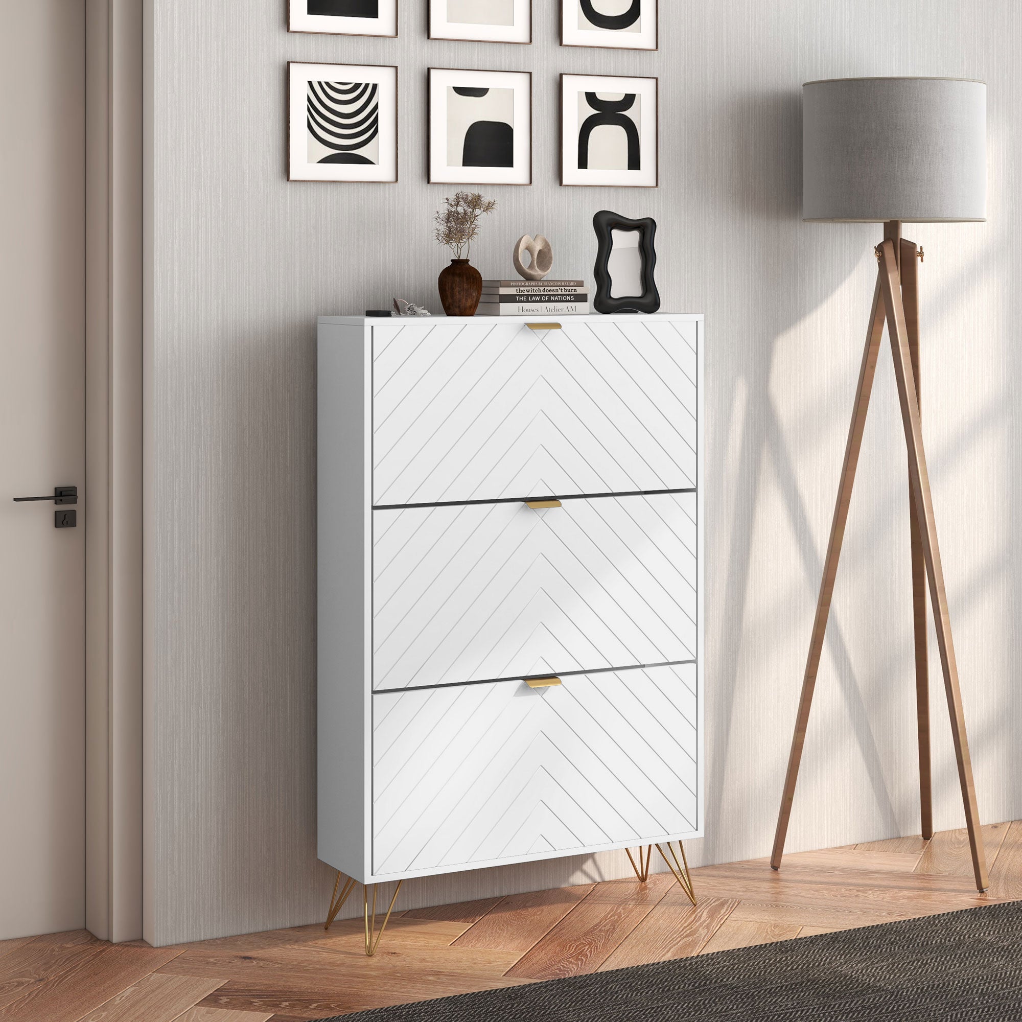 Modern Shoe Storage Cabinet with 3 Flip Drawers for 18 Pairs, Narrow Shoe Organizer for Entryway, Hallway, White-Home Furnishings > Storage & Organization > Shoe Storage Cabinets & Racks-DECOROLALA