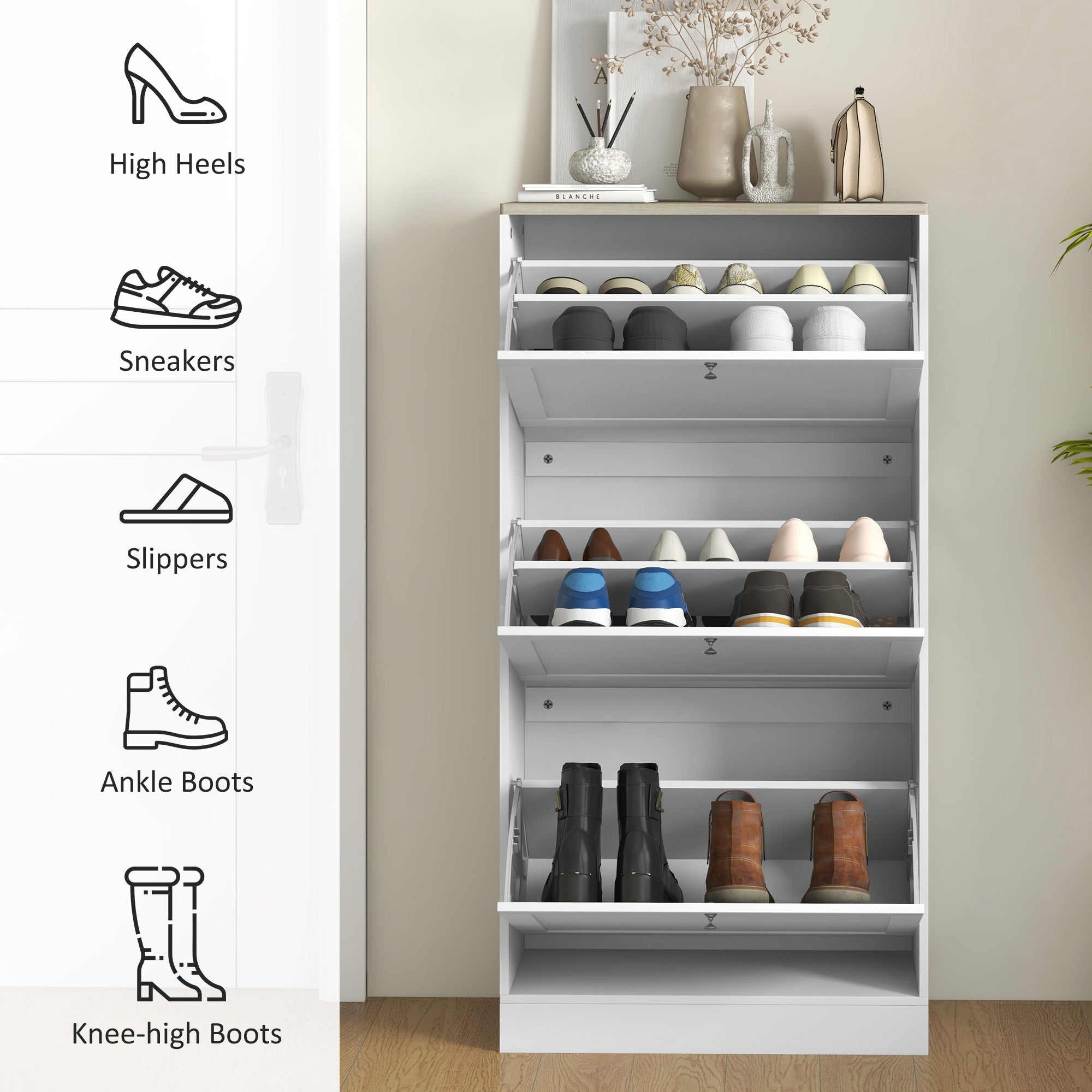 Modern Shoe Storage with 3 Flip Drawers and Adjustable Shelves, Shoe Cabinet Organizer for 12-18 Pairs of Shoes, White-Home Furnishings > Storage & Organization > Shoe Storage Cabinets & Racks-DECOROLALA