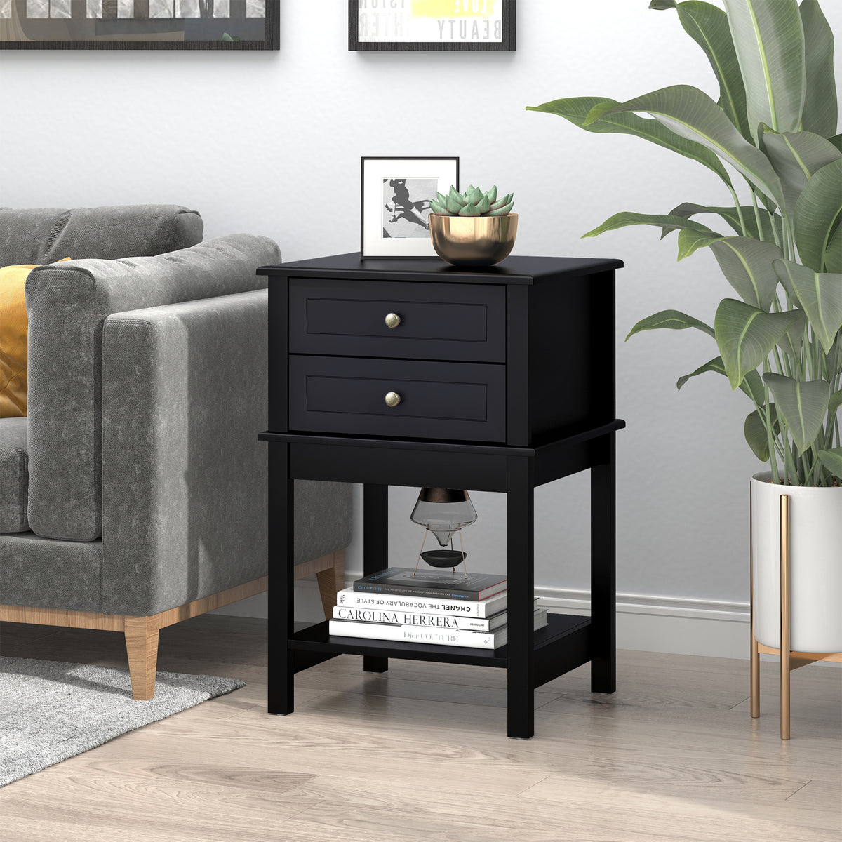Modern Side Table - Black End Table with 2 Drawers-Home Furnishings > Living Room Furniture > Side¬†Tables-DECOROLALA
