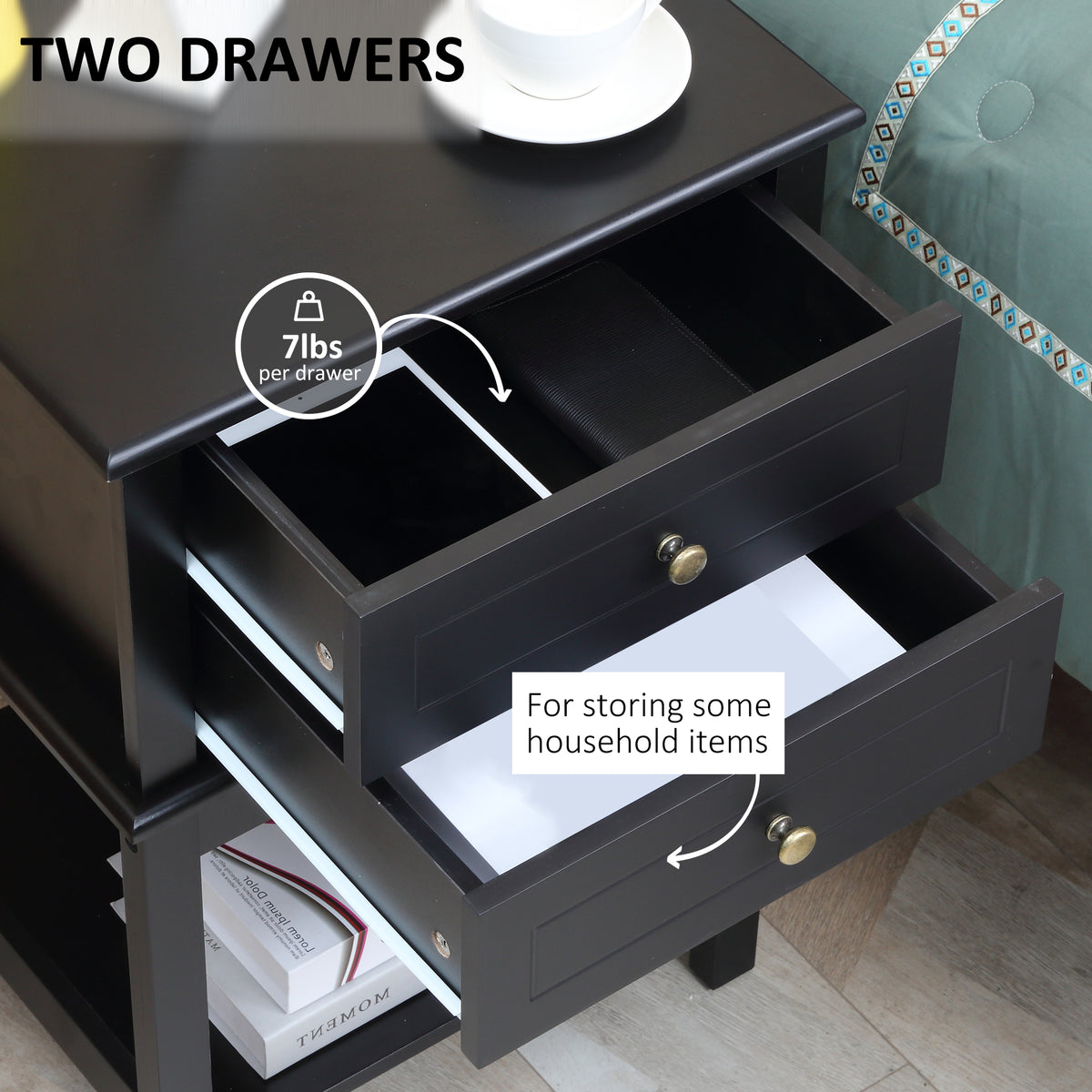 Modern Side Table - Black End Table with 2 Drawers-Home Furnishings > Living Room Furniture > Side¬†Tables-DECOROLALA