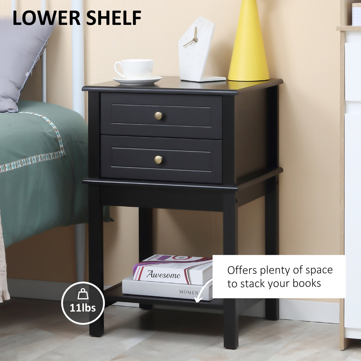 Modern Side Table - Black End Table with 2 Drawers-Home Furnishings > Living Room Furniture > Side¬†Tables-DECOROLALA