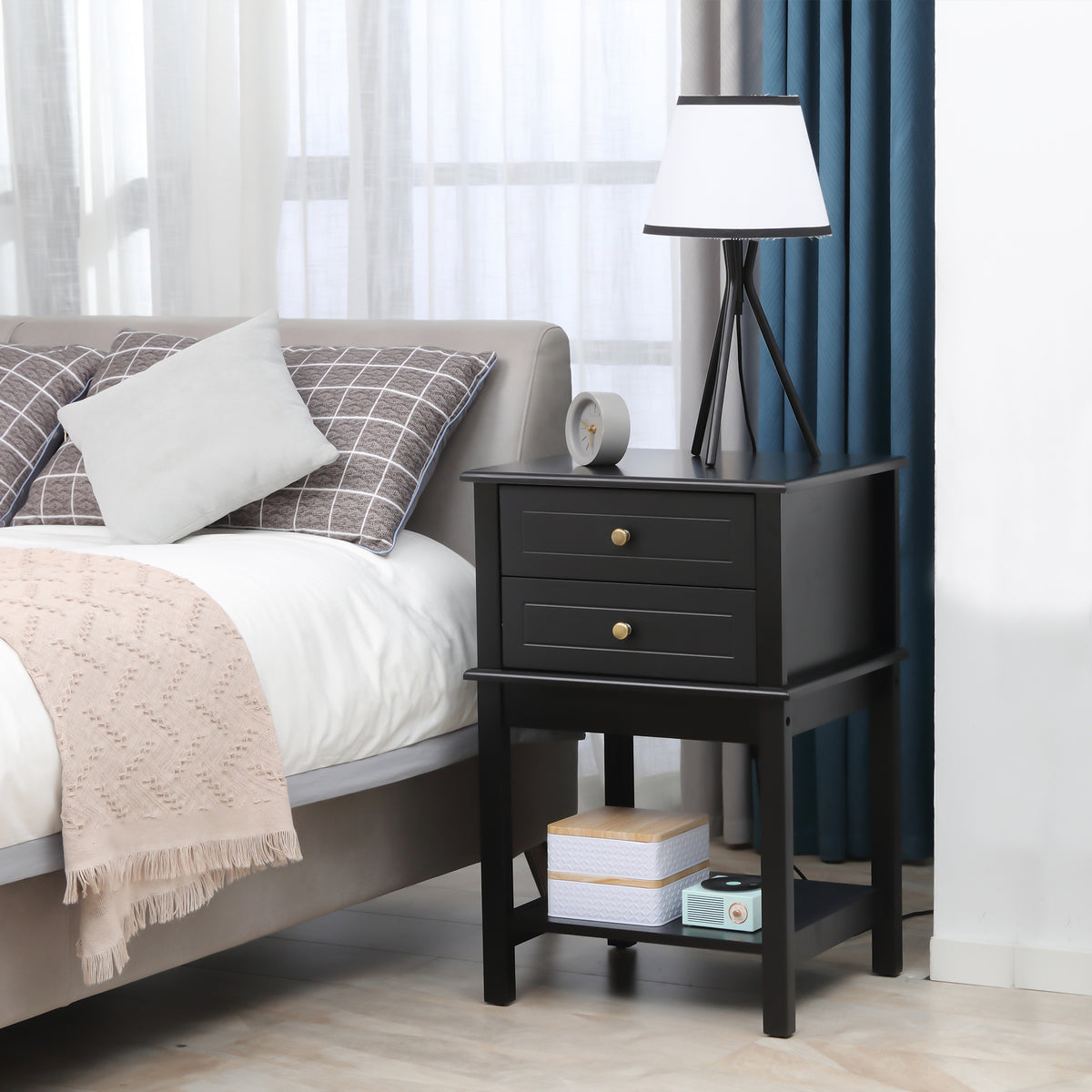 Modern Side Table - Black End Table with 2 Drawers-Home Furnishings > Living Room Furniture > Side¬†Tables-DECOROLALA