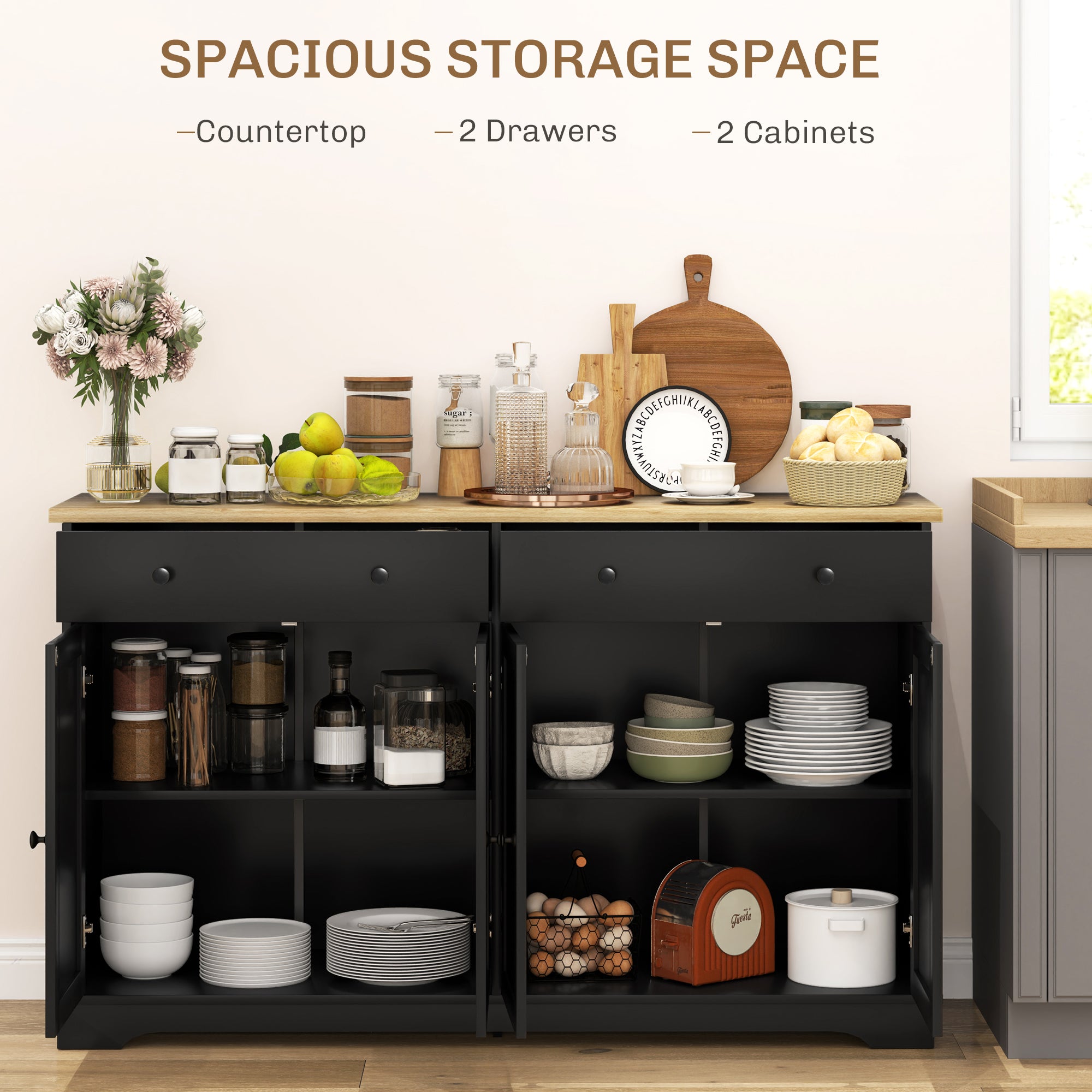 Modern Sideboard - Black Buffet Cabinet with 3 Shelves, Storage Drawers-DECOROLALA