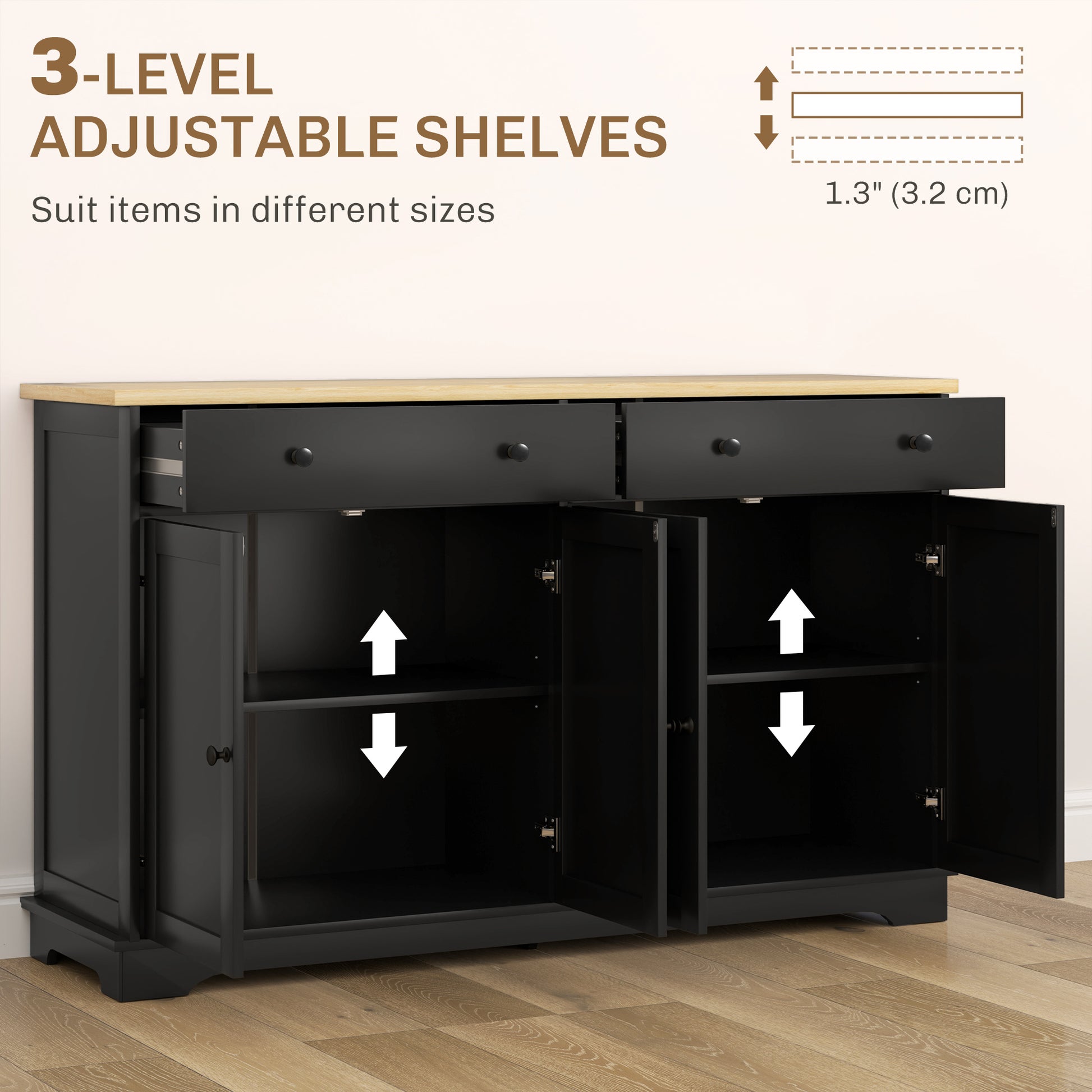 Modern Sideboard - Black Buffet Cabinet with 3 Shelves, Storage Drawers-DECOROLALA